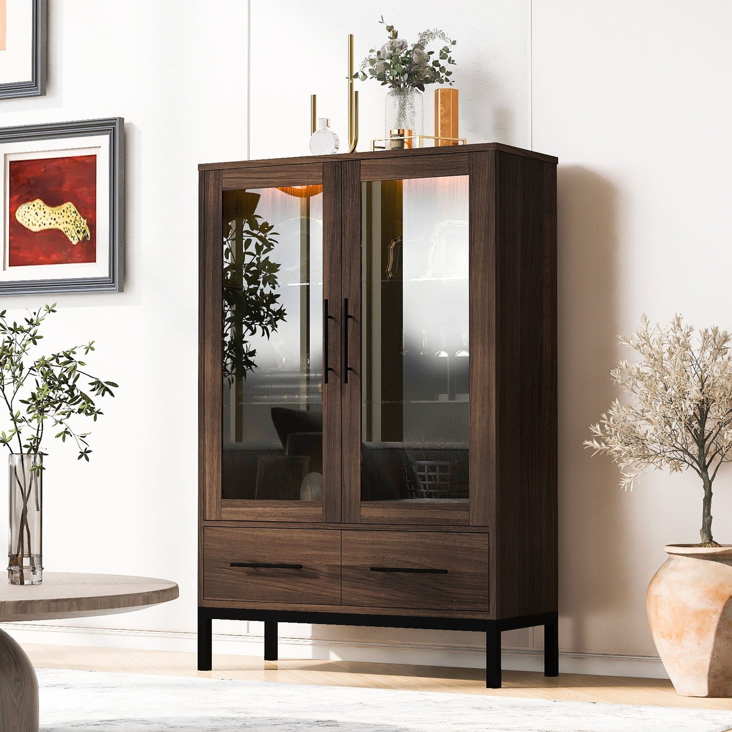 Modern Style Tall Display Cabinet With LED Lighting, Tempered Glass Door, 2 Drawers Hearth and Haven