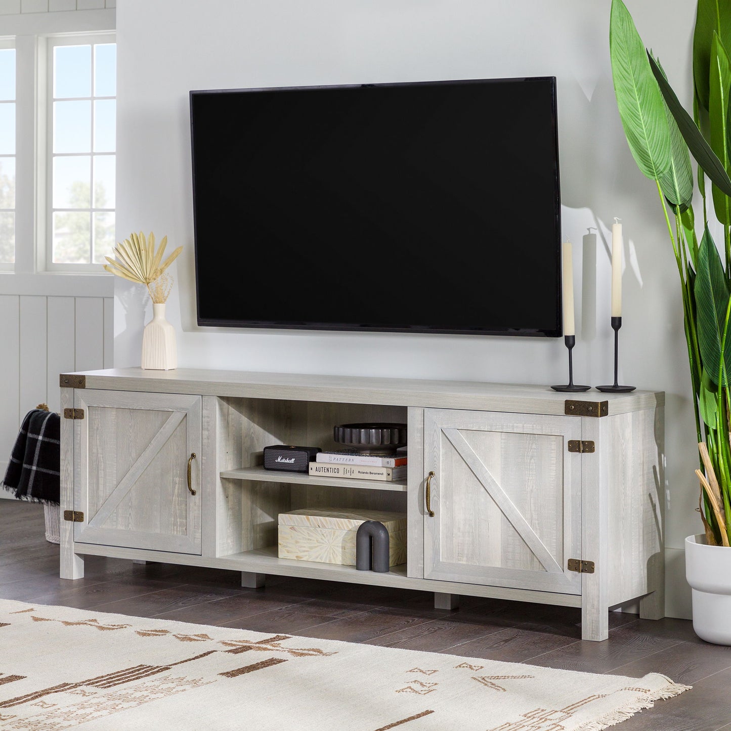 Rustic Farmhouse Double Barn Door 70" TV Stand For 80" TVs With Center Shelves Walker Edison
