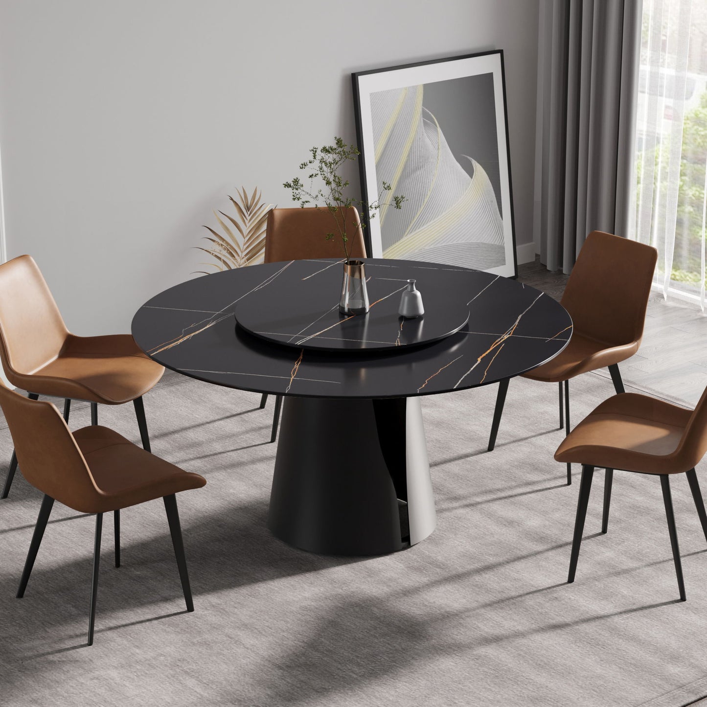 53.15" Round Modern Artificial Stone Carbon Steel Base Dining Table, Can Accommodate 6 People - Black / Gold Home Essentials