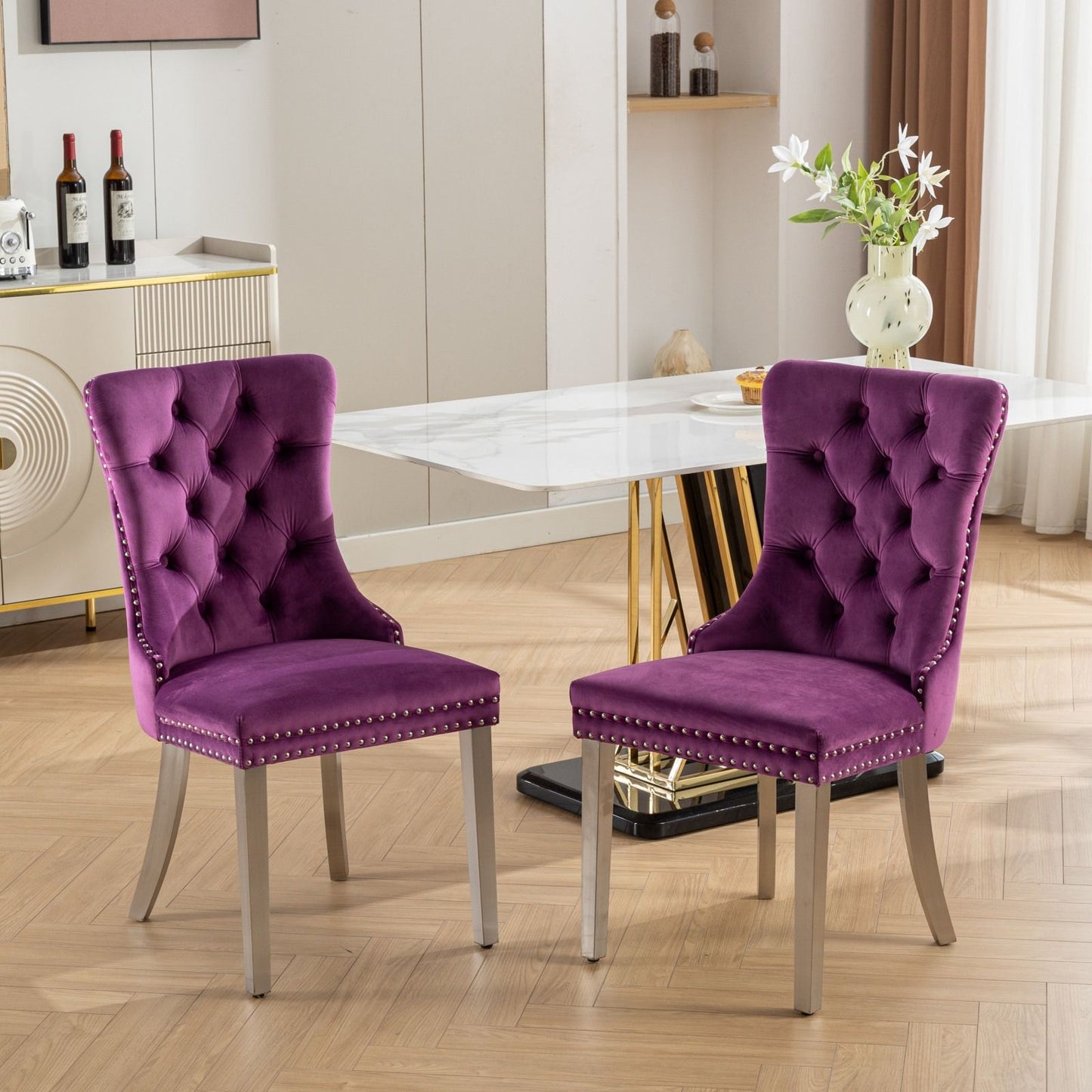 Nikki - Modern, High-End Tufted Solid Wood Contemporary Velvet Upholstered Dining Chair With Chrome Stainless Steel Plating Legs, Nailhead Trim (Set of 2) Home Essentials
