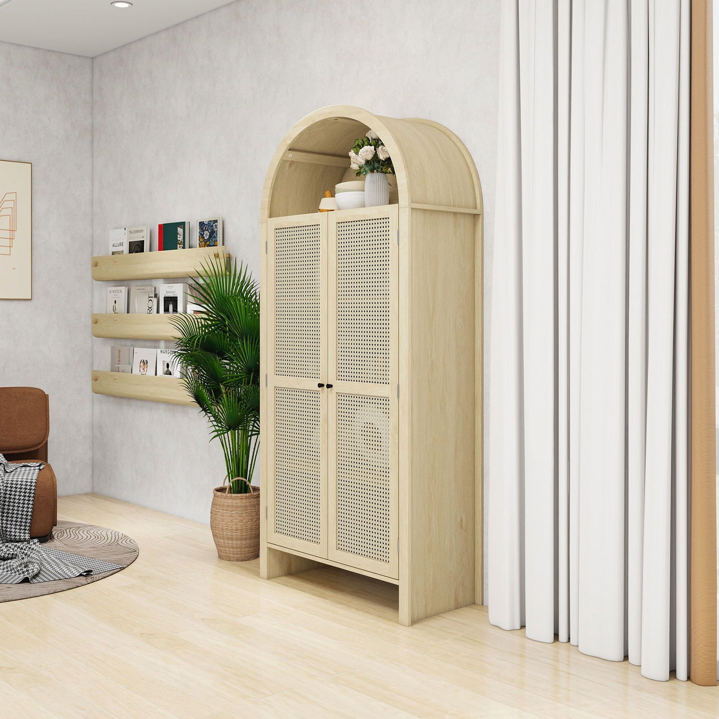 Tall Arched Kitchen Pantry, Arched Storage Display Cabinet With 2 Drawers & Adjustable Shelves, Rattan Door Versatile Storage Cabinet For Kitchen, Dining Room - Natural Home Essentials