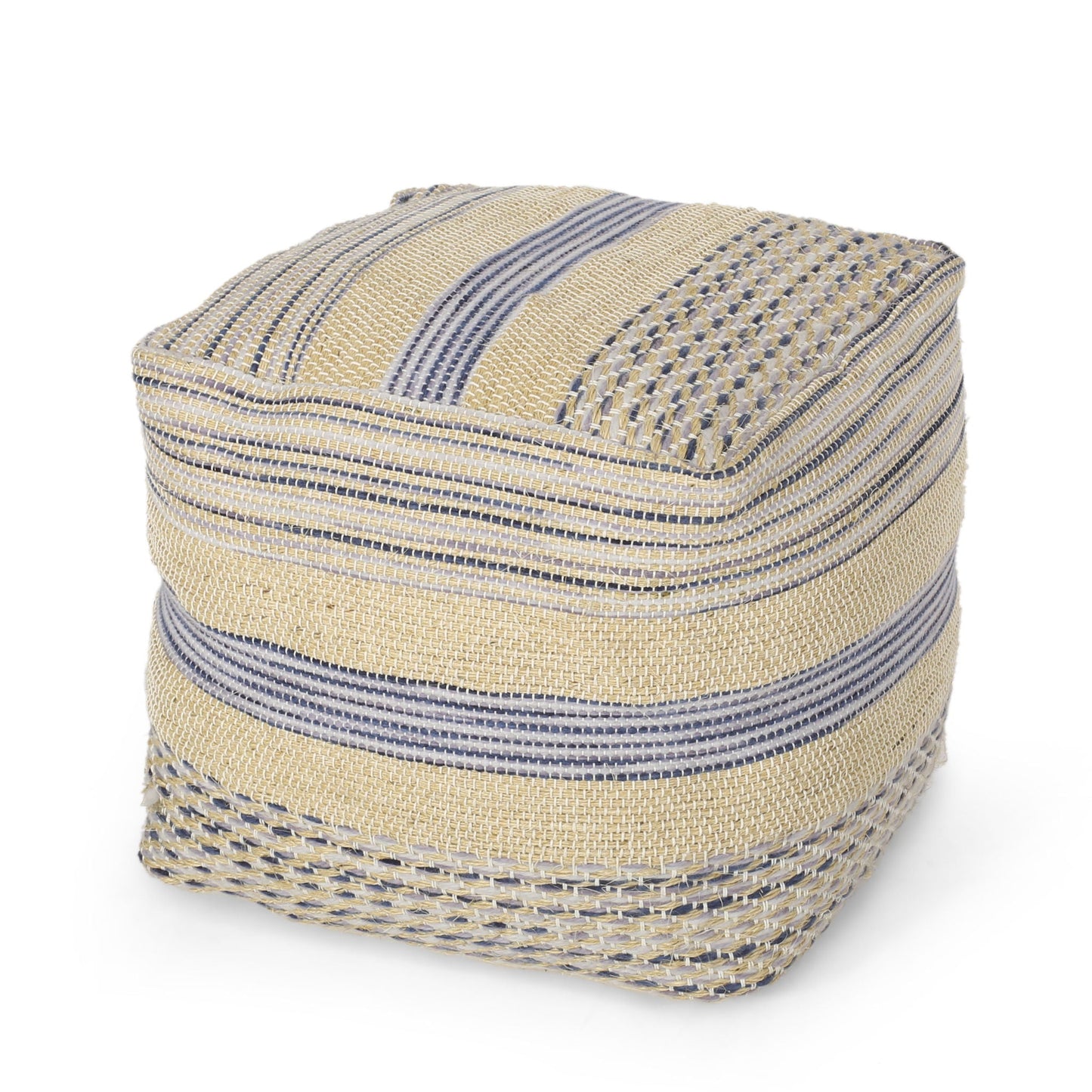 Western - Handcrafted Fabric Pouf, Durable - Natural / Blue Home Essentials