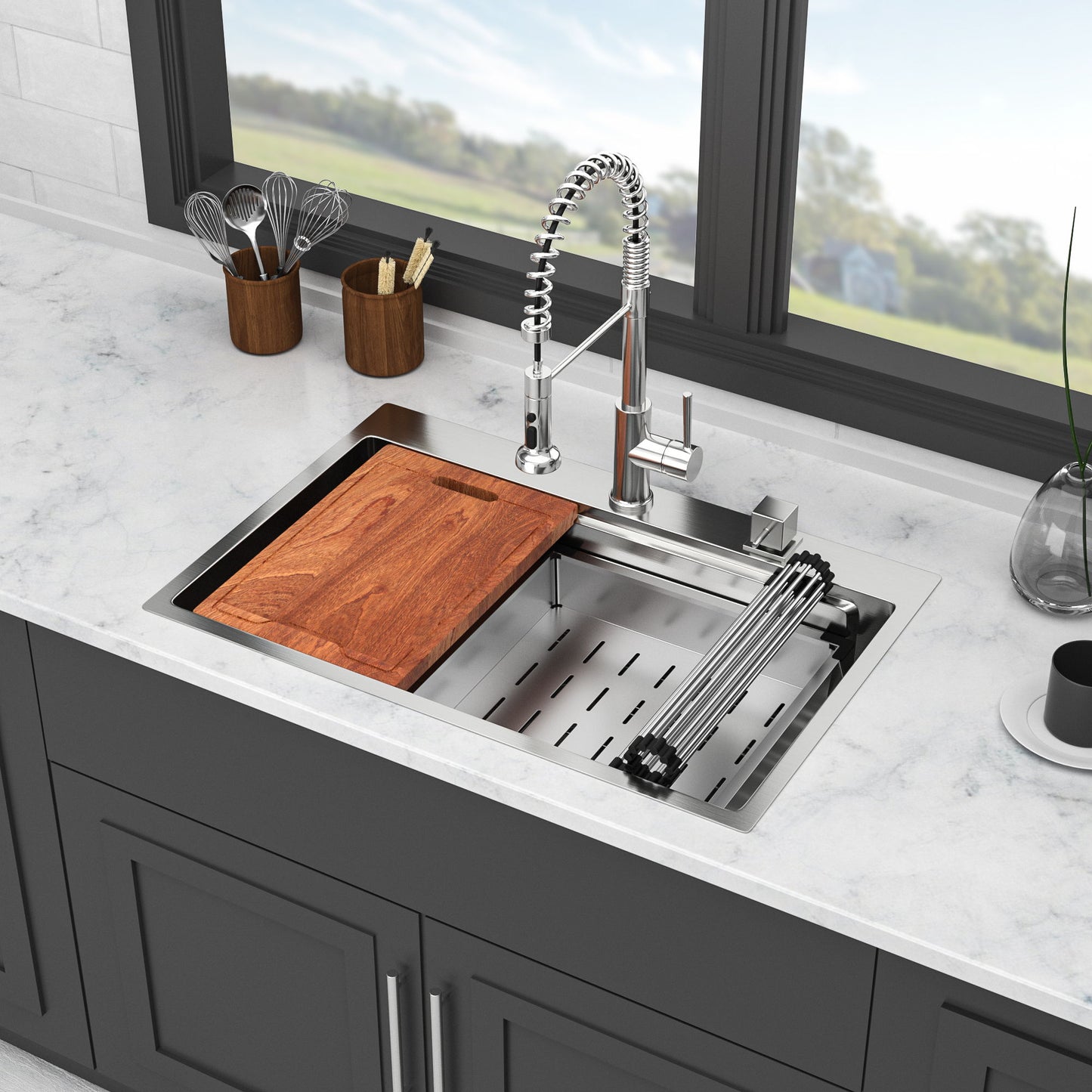 33" Drop In Kitchen Sink Single Bowl 16 Gauge Stainless Steel Ledge Workstation - Black Daily Nest
