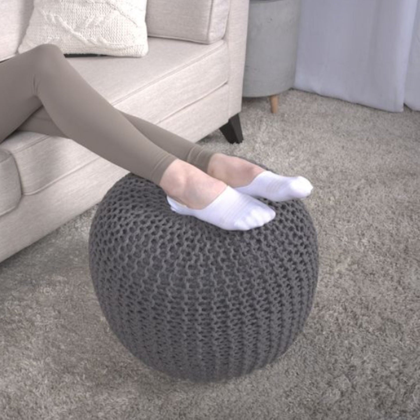 Bordeaux - Knitted Cotton Round Pouf, Versatile Ottoman And Floor Cushion Home Essentials