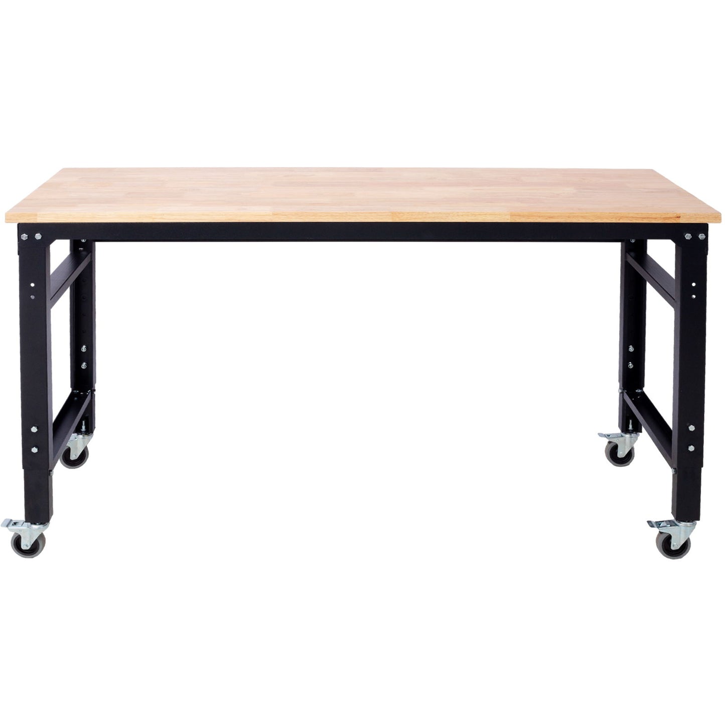 Wide Rolling Workbench For Garage, Adjustable Height, Workshop Tool Bench, Metal With Rubber Wood Top Daily Nest