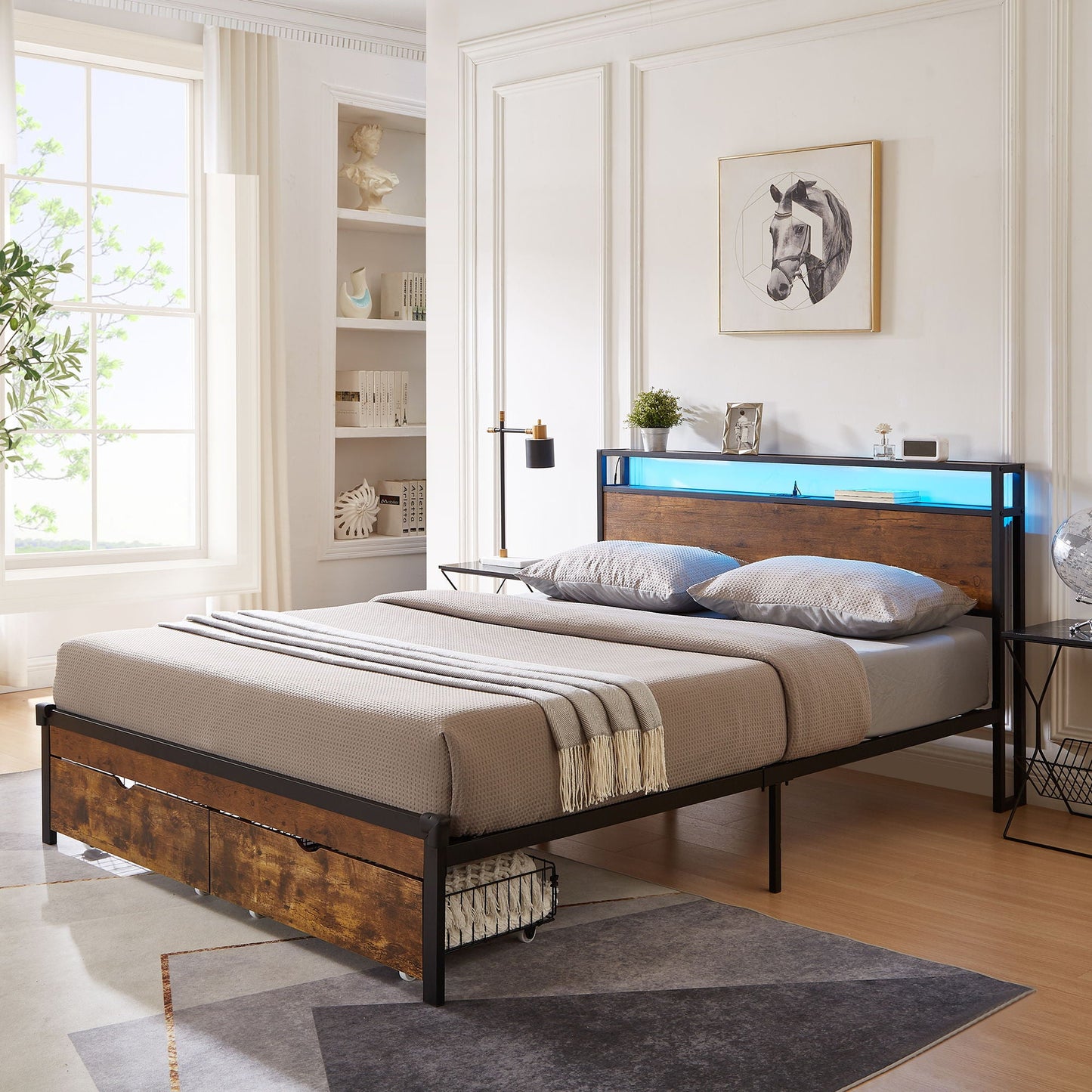 Modern Metal Platform Bed Frame With Wooden Headboard, USB Charging, LED Lights, And Storage Home Essentials