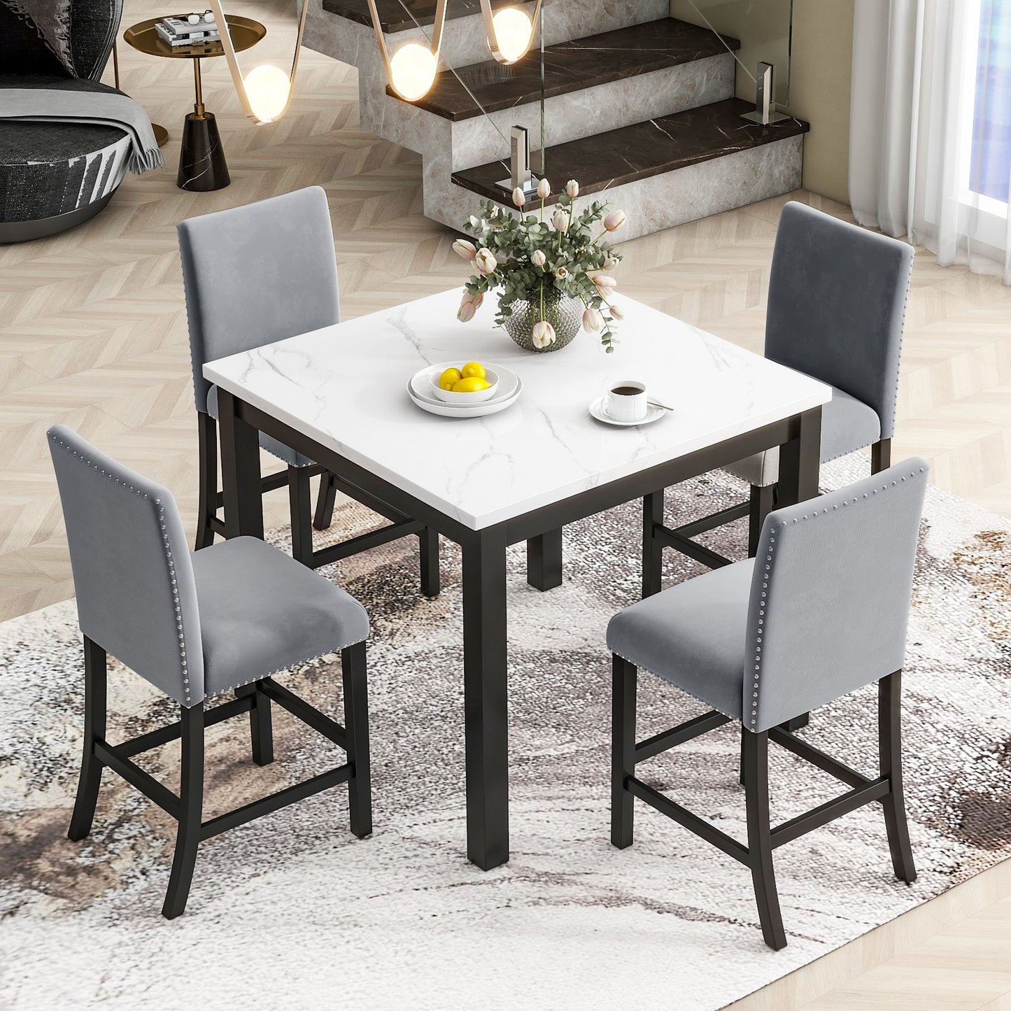 5-Piece Counter Height Dining Table Set With One Faux Marble Top Dining Table And Four Velvet Upholstered Chairs Home Essentials