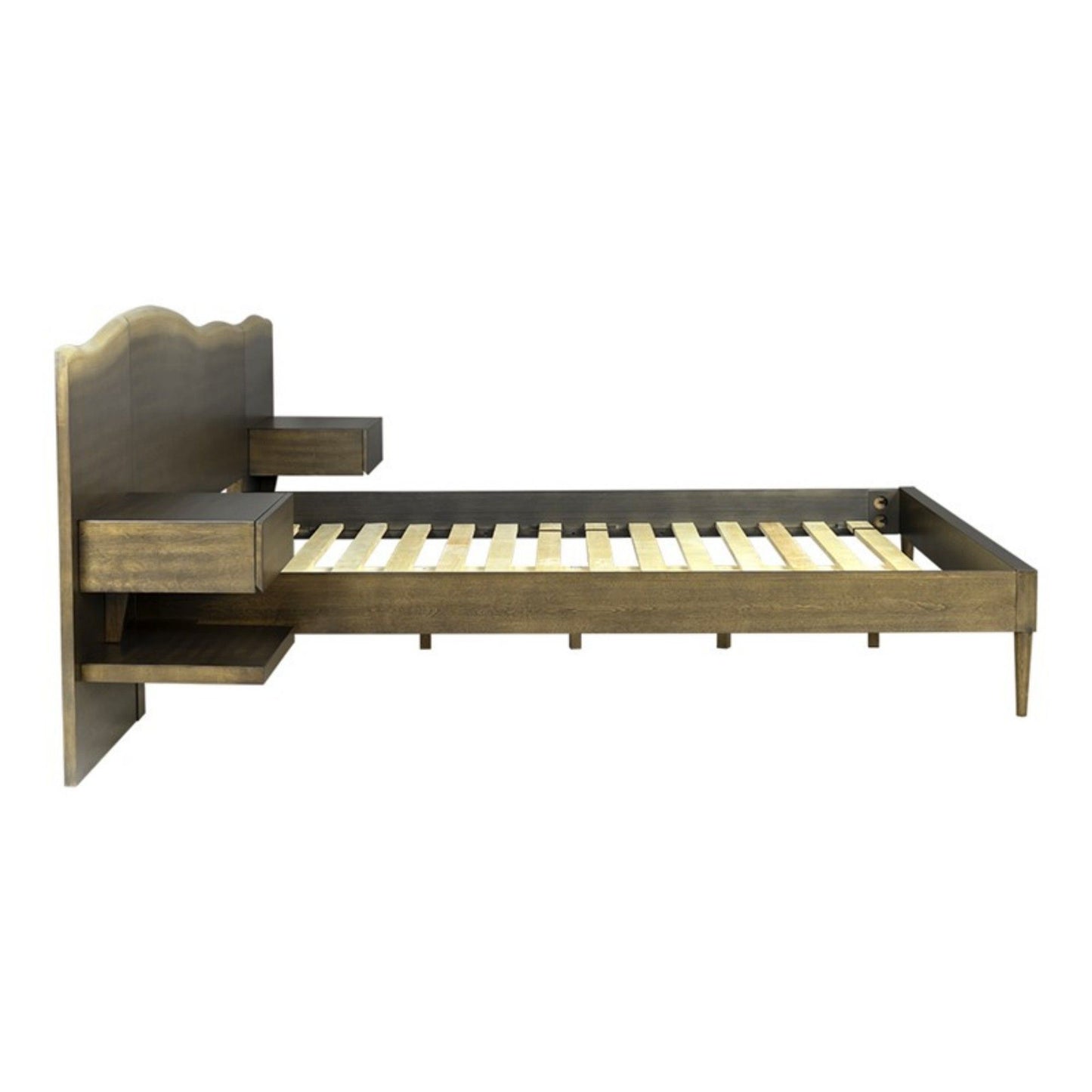 Queen Size Platform Bed Frame With Live Edge Headboard, Built In Nightstands - Dark Brown JLA