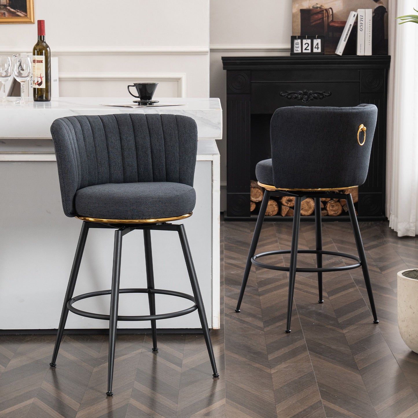 Swivel Bar Stools, High-Back, Adjustable, Upholstered With Elegant Metal Back Accents For Kitchen, Bar, Or Dining Room (Set of 2) Home Essentials