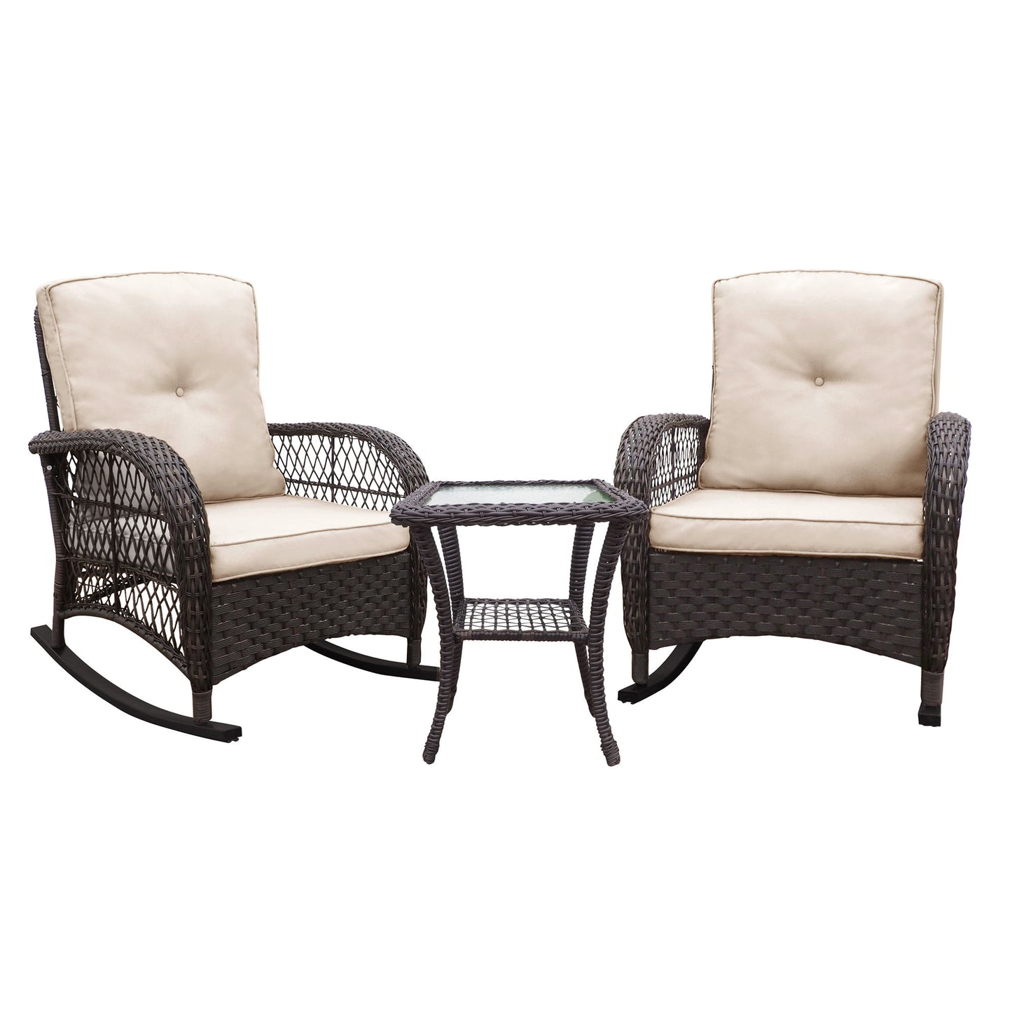3 Pieces Conversation Set, Outdoor Wicker Rocker Patio Bistro Set, Rocking Chair With Glass Top Side Table - Brown / Beige Home Essentials