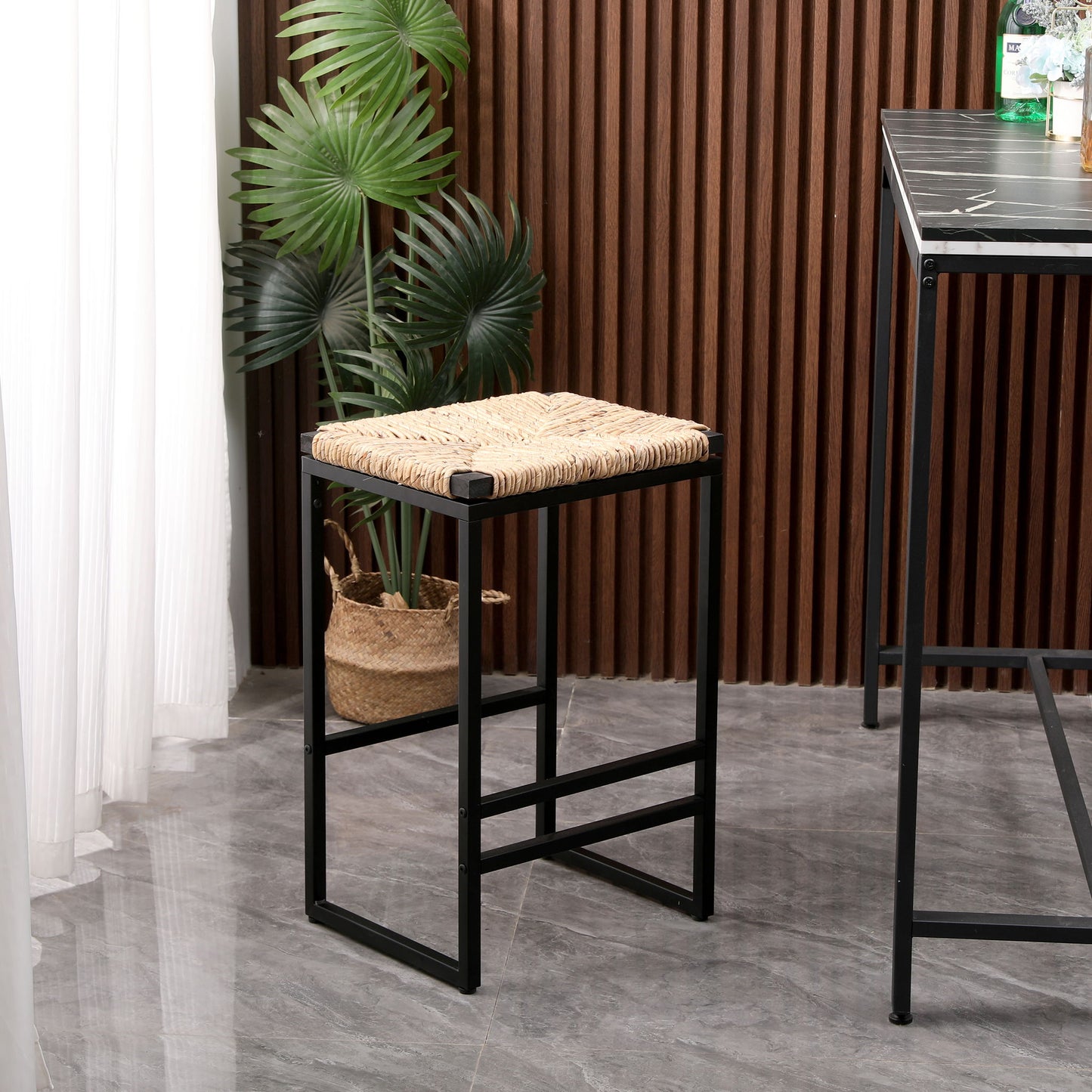 25" Height Backless Water Hyacinth Woven Bar Stools With Footrest (Set of 2) - Natural Home Essentials