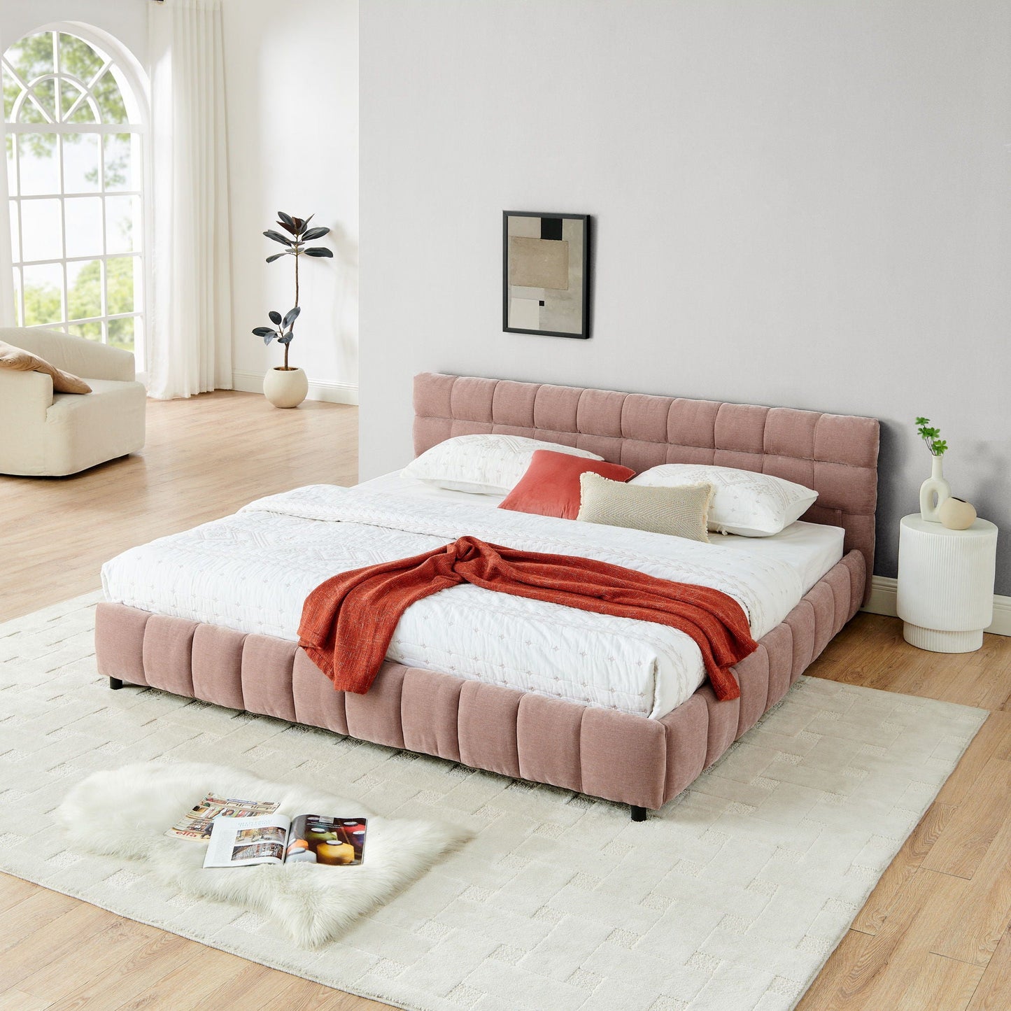 Modern Platform Bed Frame With Thick Chenille Fabric Home Essentials