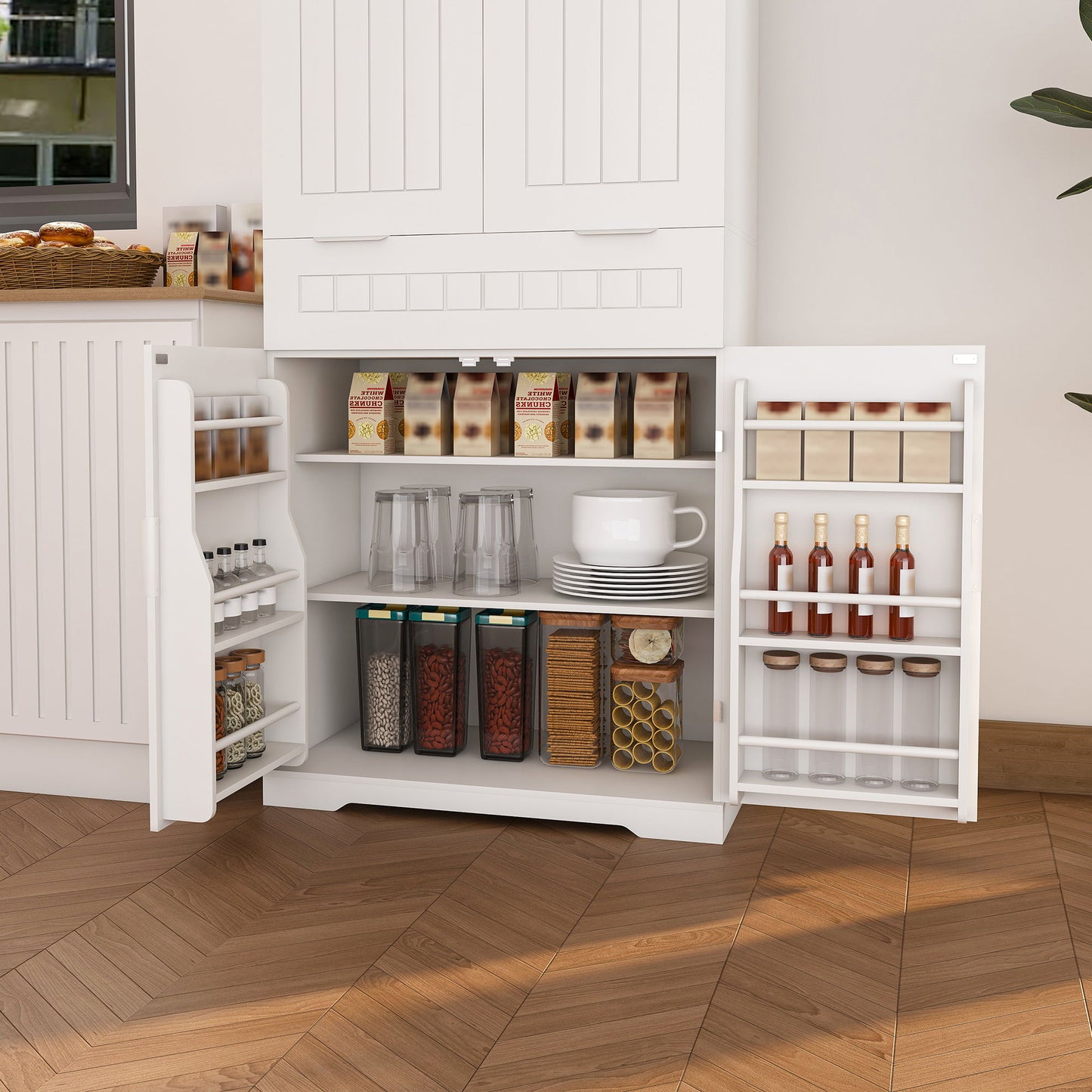 Farmhouse Style Pantry Cabinet With Drawer 2 Cabinets & 6 Door Shelves Adjustable Shelves Freestanding Cupboard - White Home Essentials