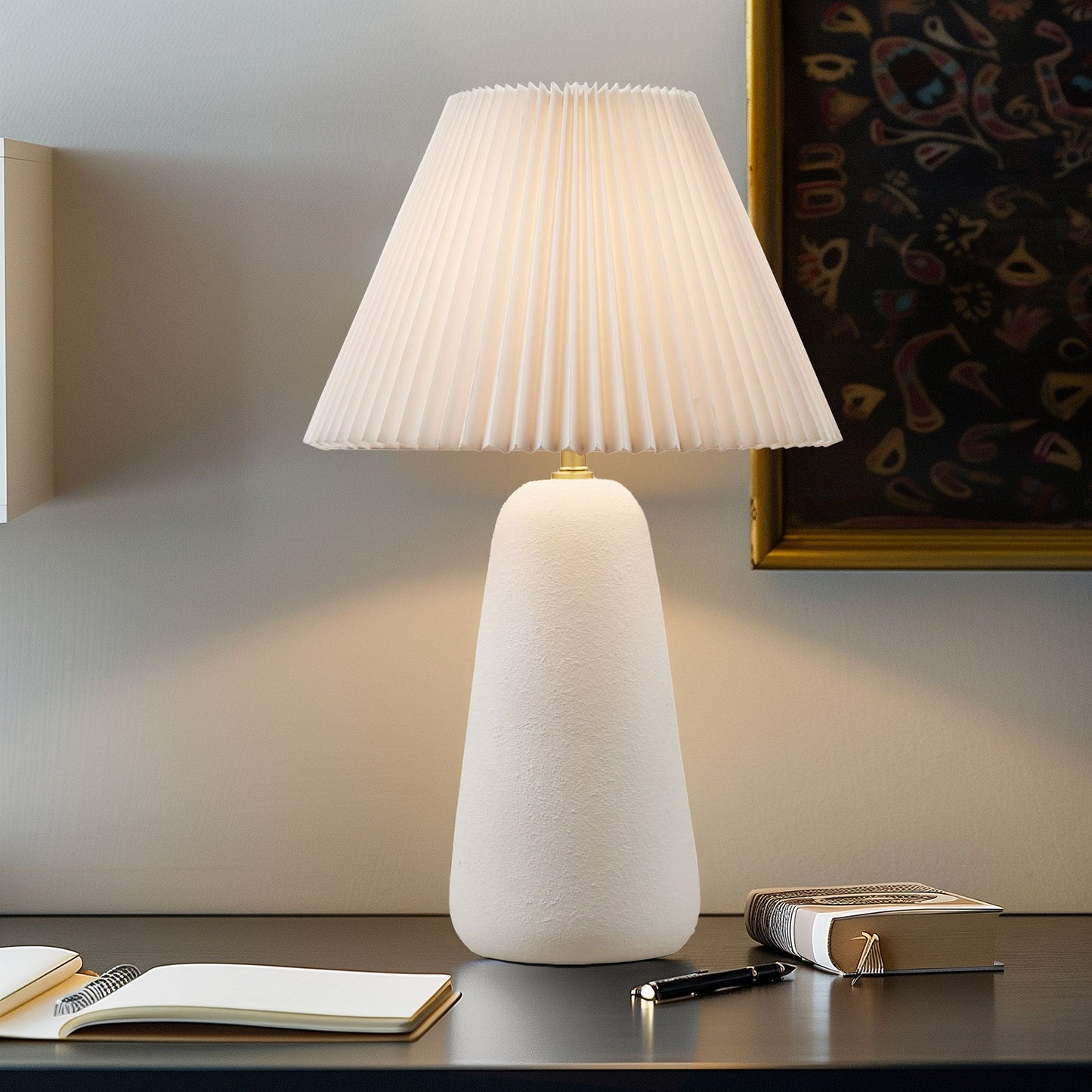 Veluna - Textured Table Lamp With Fluted Fabric Shade - White INK+IVY