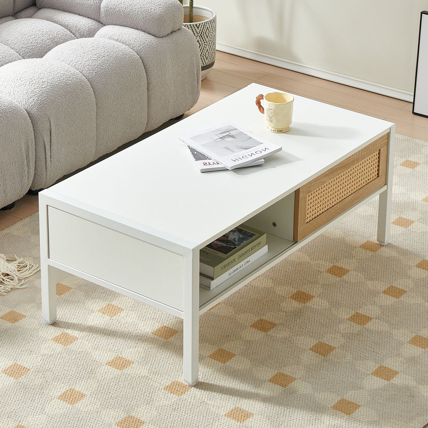 40.16" Rattan Coffee Table, Sliding Door For Storage, Metal Legs, Modern Table For Living Room Home Essentials