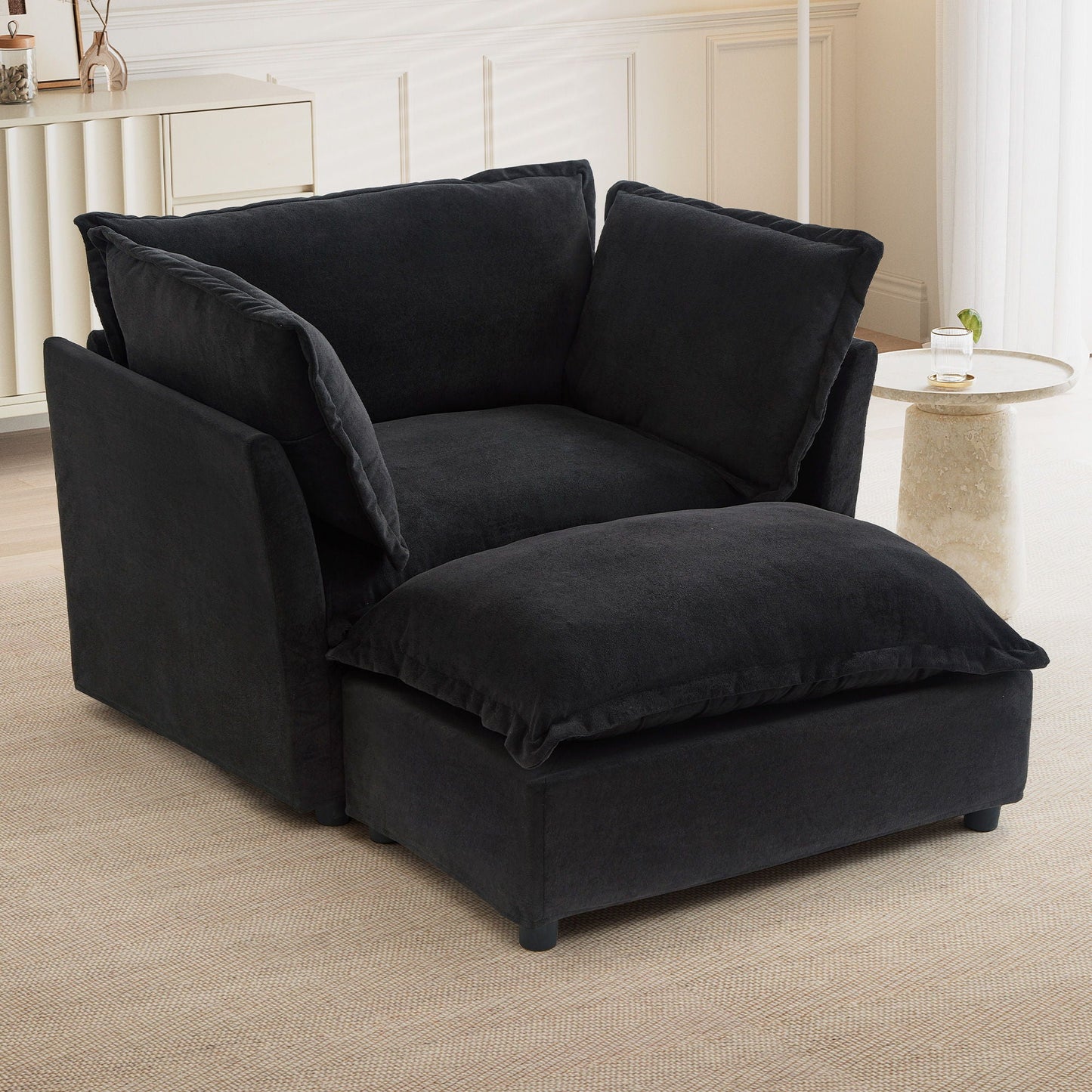 Modern Cozy Upholstered Armchair Sofa With Movable Ottoman Hearth and Haven