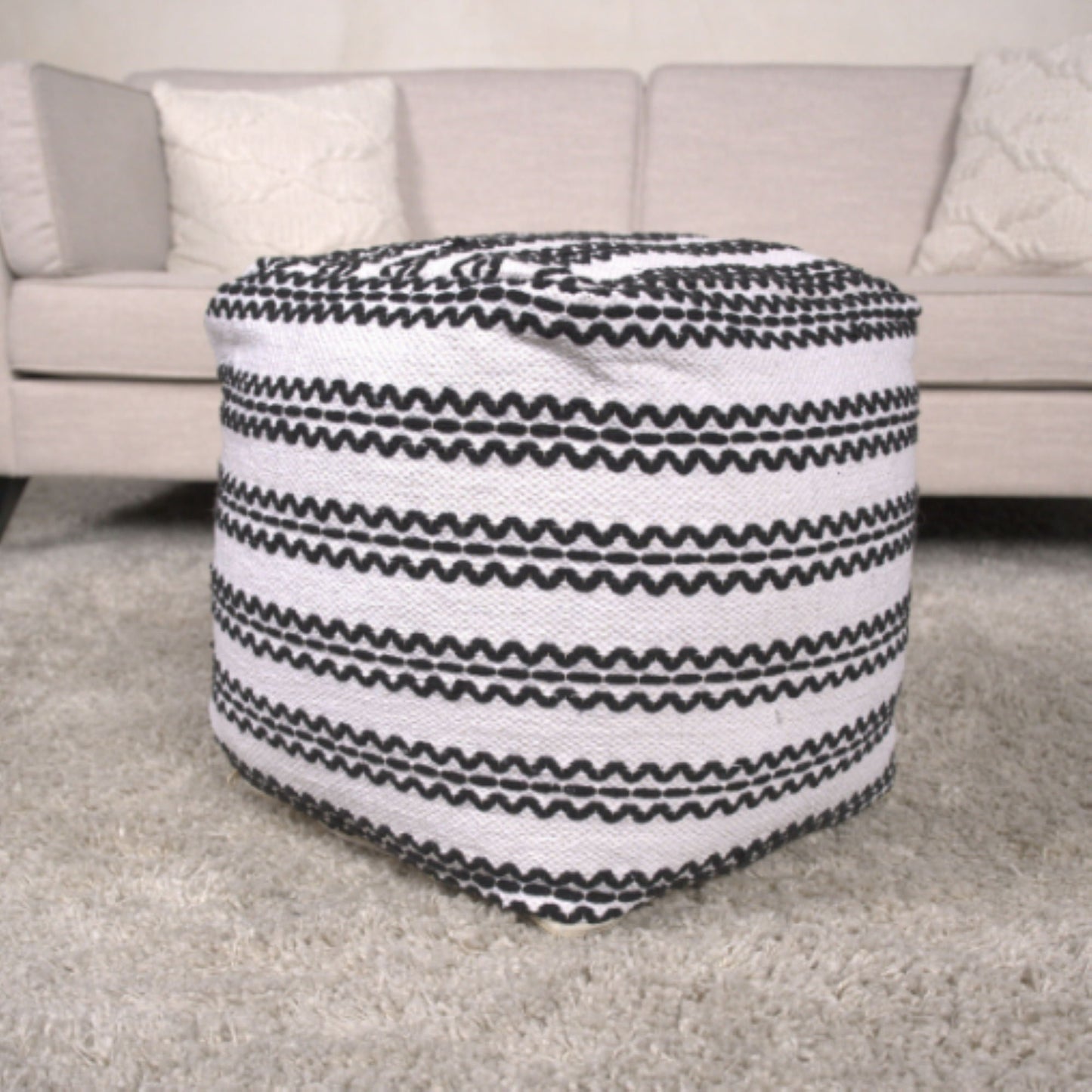 Lani - Handcrafted Fabric Pouf, Durable Cotton Square - Natural / Black Home Essentials