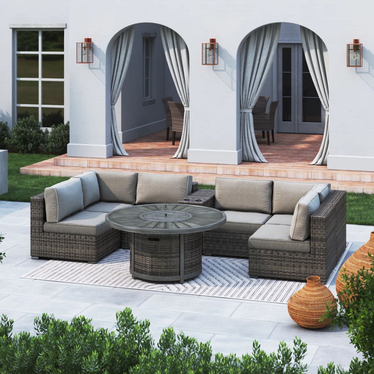 All Weather 4 Person Patio Sofa Set With Fire Pit And Side Table Rustproof - Brown LSI Patio Furniture