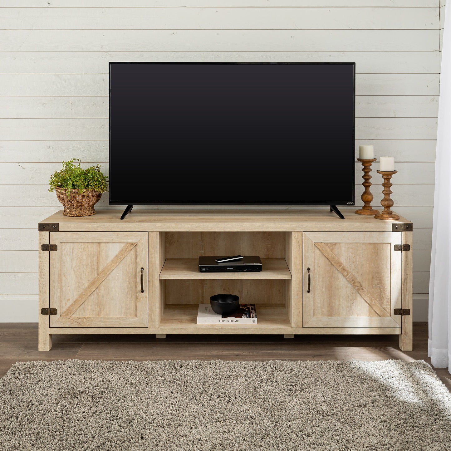 Rustic Farmhouse Double Barn Door 70" TV Stand For 80" TVs With Center Shelves Walker Edison