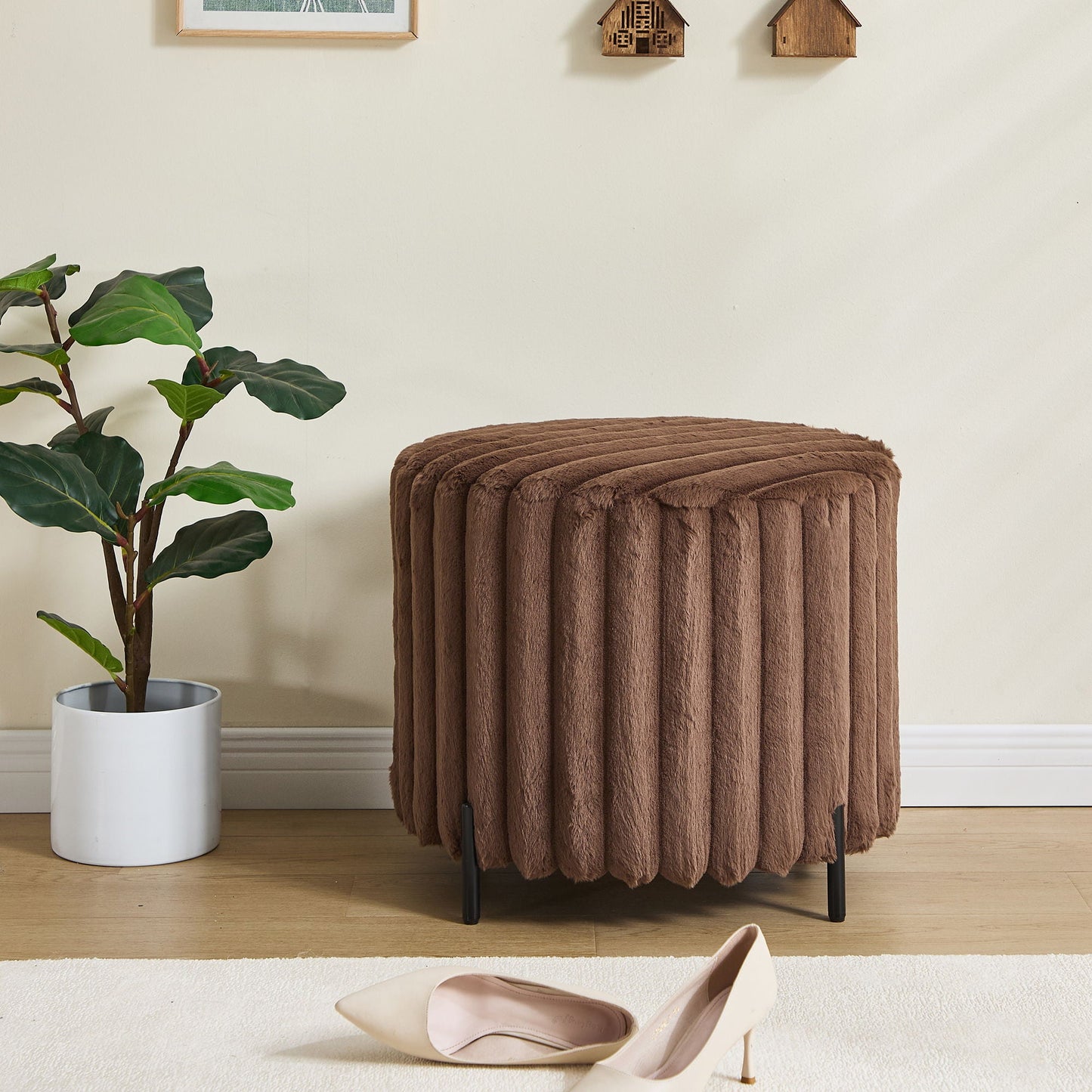 Wide Upholstered Round Pouf Ottoman Foot Rest Home Essentials