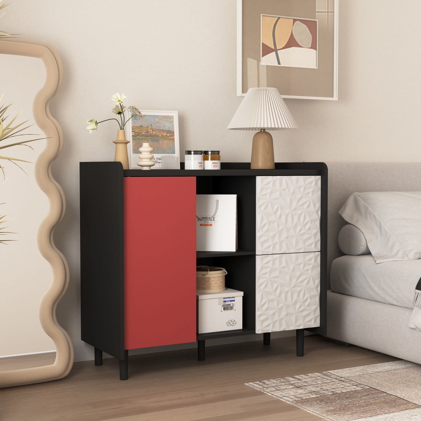 Modern Sideboard Buffet Cabinet With Red Doors And Unique Panel Styling Home Essentials
