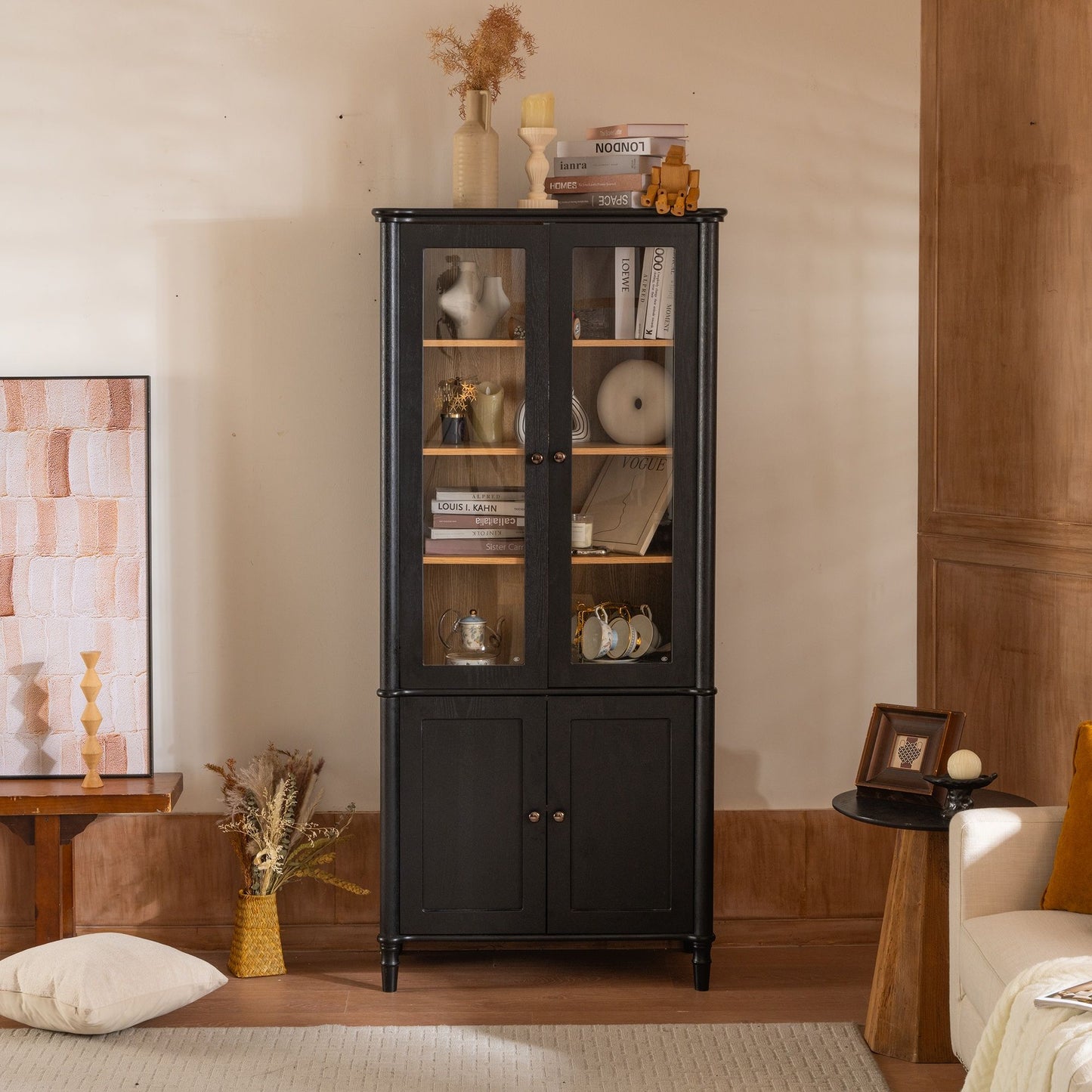 Vintage Display Cabinet With Double Glass Doors, Traditional Style For Collectibles, Ash Wood Veneer, 73.25" Tall - Black / Natural Hearth and Haven