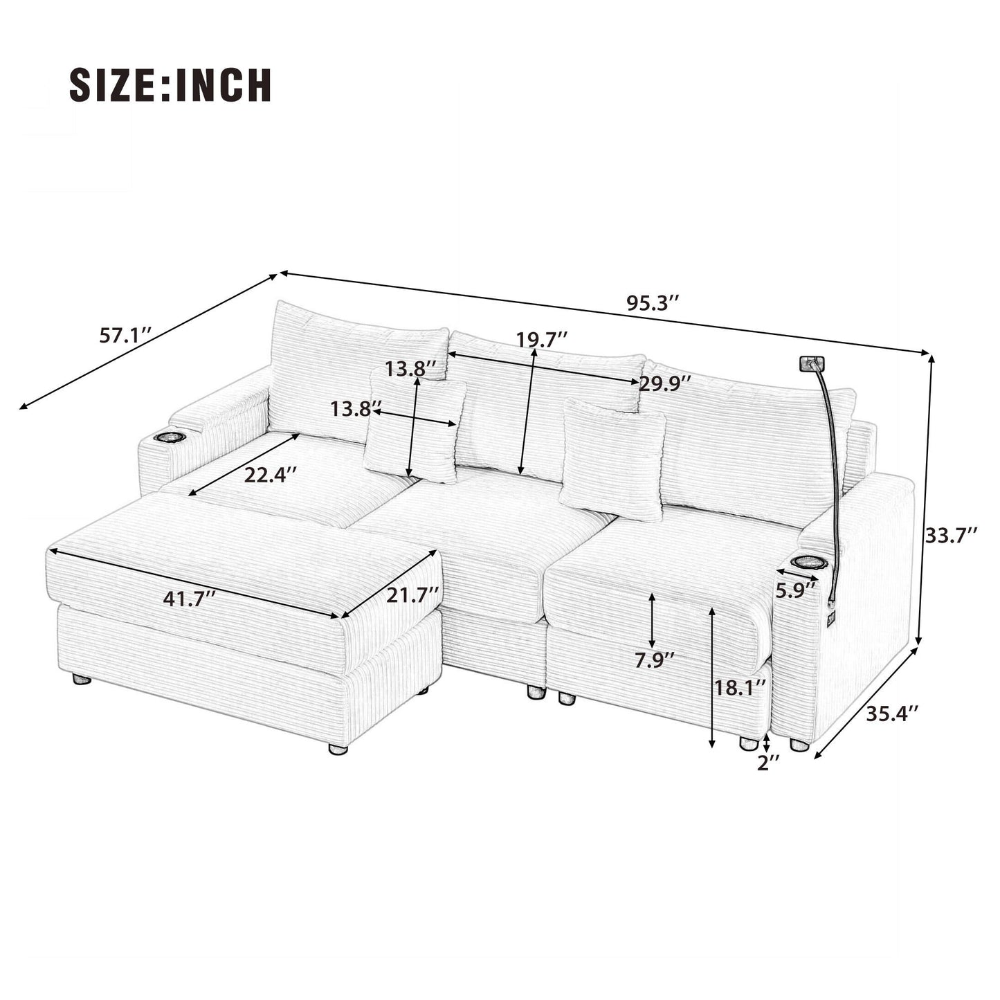Modern Style Loveseat Sofa Sectional Sofa Couch With Storage Space, A Movable Ottoman, Two USB Ports, Two Cup Holders, A Phone Holder For Living Room Hearth and Haven