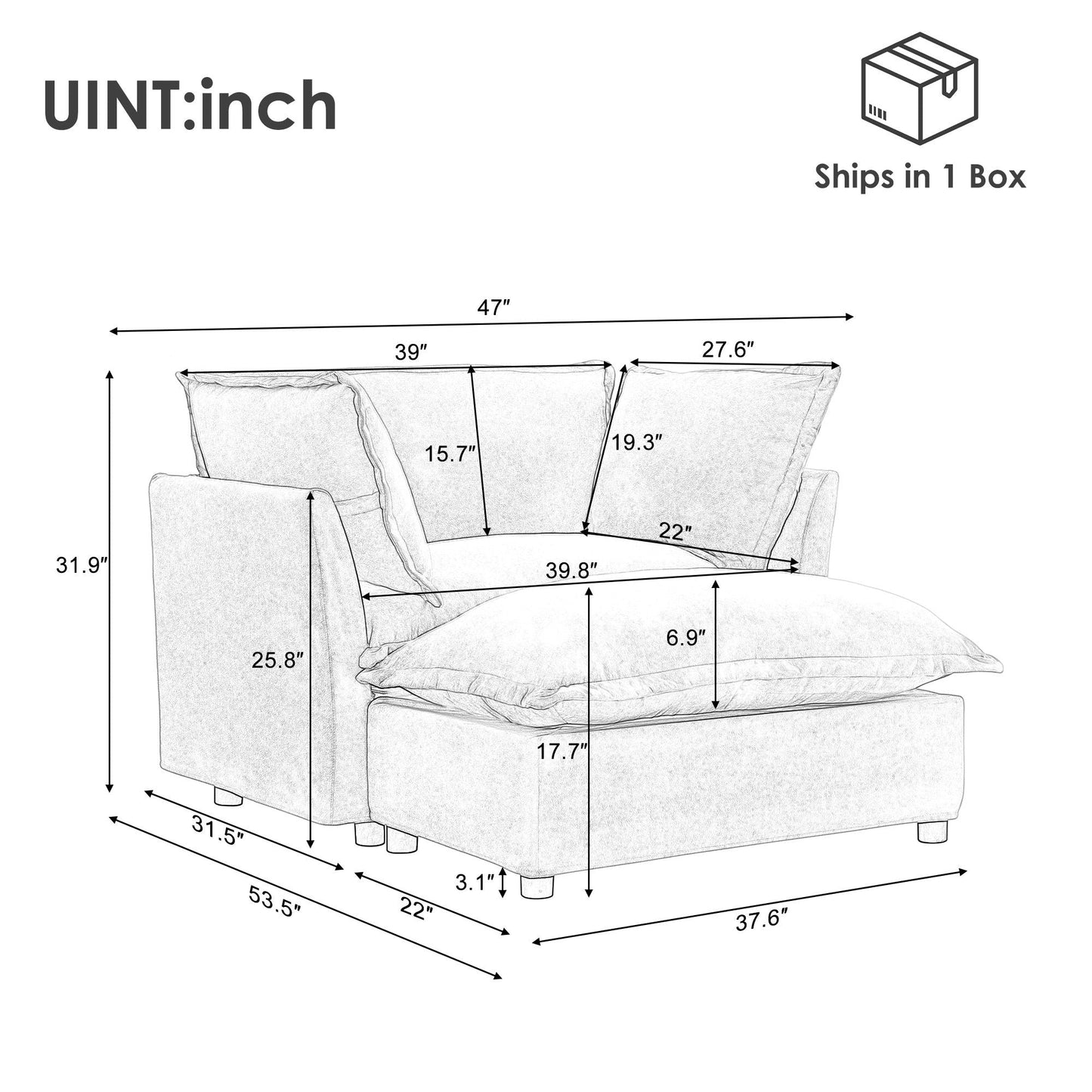 Modern Cozy Upholstered Armchair Sofa With Movable Ottoman Hearth and Haven