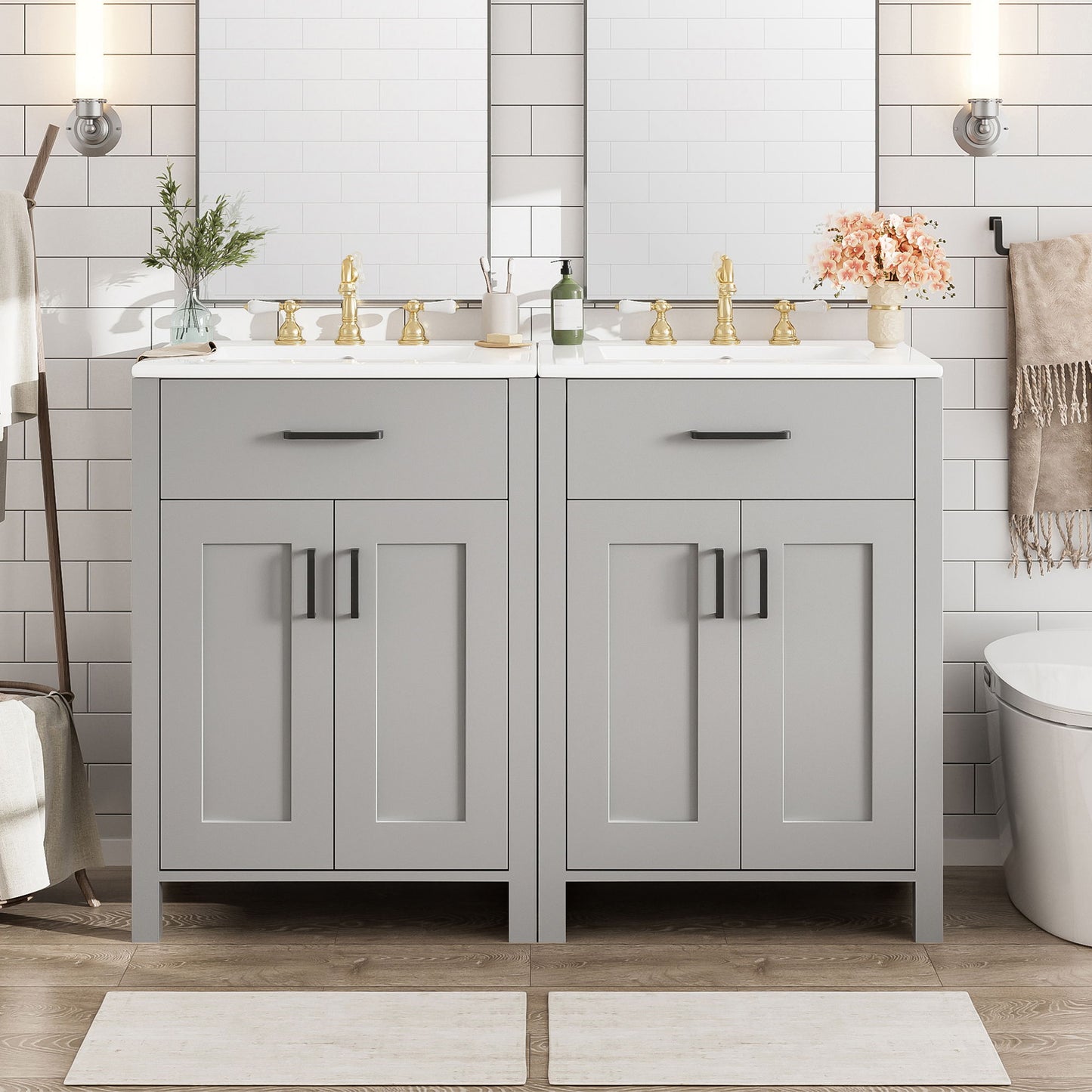 Bathroom Vanity With Ceramic Sink, Soft Close Doors, Flip Drawer, Double Layer Door Shelves Hearth and Haven