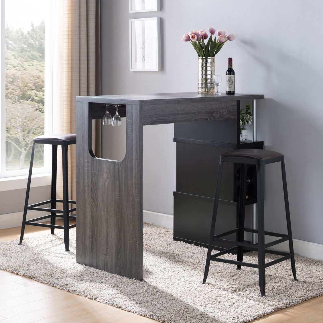Home Bar Table With Wine Glass Compartment And Three Shelves - Distressed Gray / Black Home Essentials
