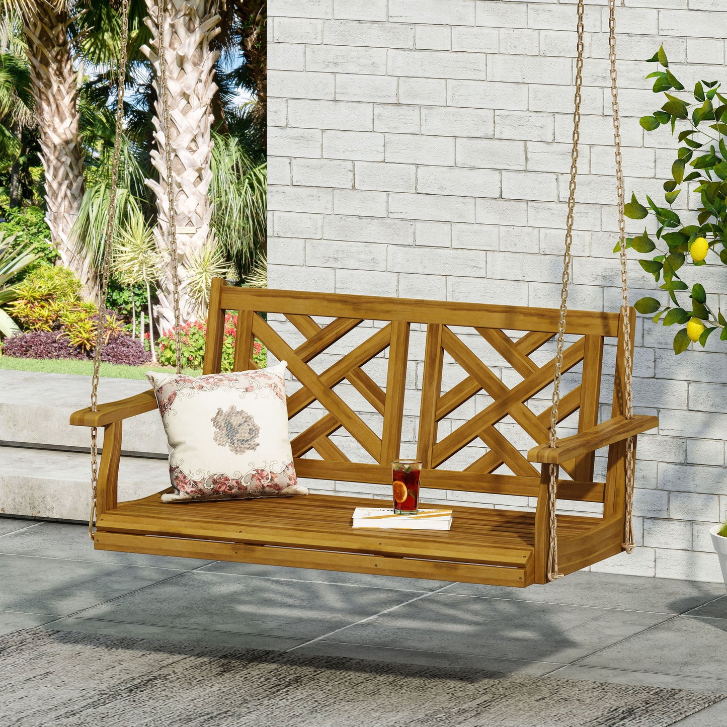Alejandro - Acacia Wood Porch Swing With Slat Panel Seating Noble House