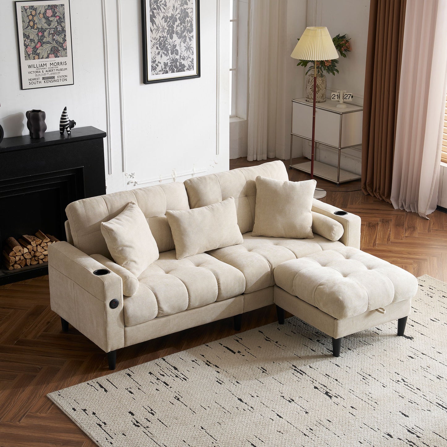 3 Seat L-Shaped Chenille Sofa With Removable And Storage Ottoman, Side Storage, And USB / C - Type Charging Ports Sofa For Living Room