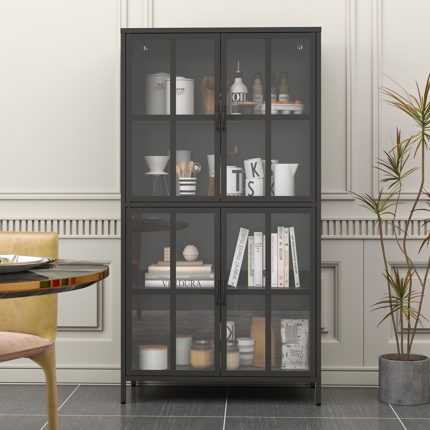Premium Metal Storage Cabinet With Tempered Glass Doors, Adjustable Shelves, And Anti Tipping Device - Black Home Essentials