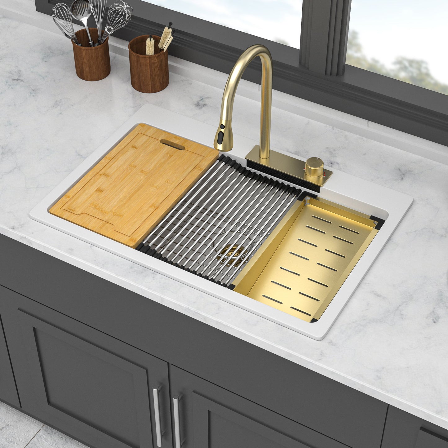 Waterfall Kitchen Sink With Pull Out Faucet & Cup Washer Daily Nest