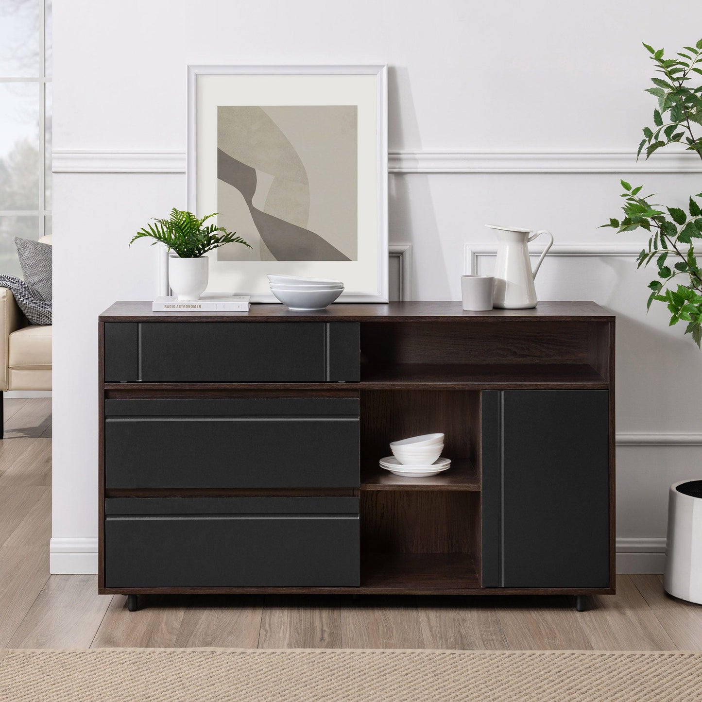 Contemporary Detailed Door Sideboard With Open Storage Walker Edison