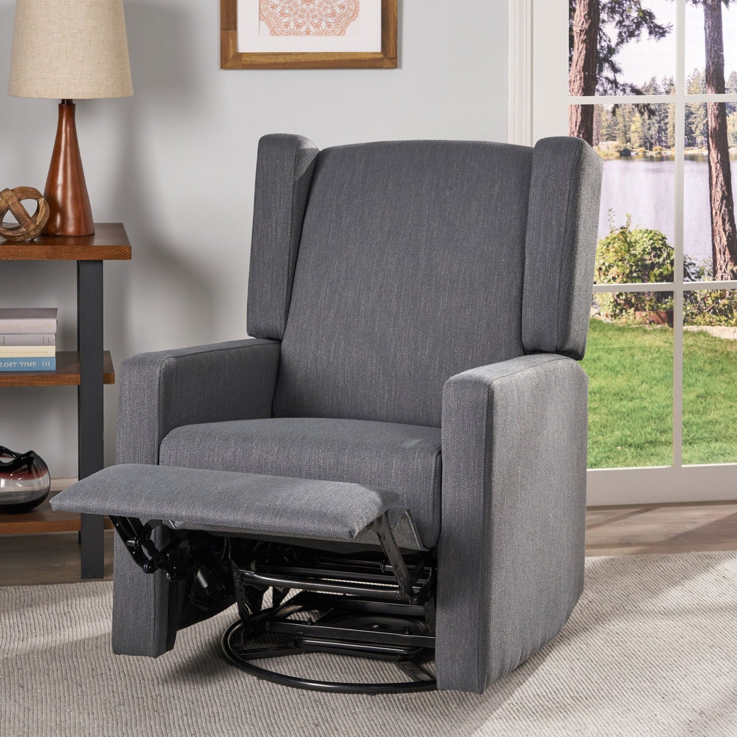 Landau Contemporary Fabric Upholstered Swivel Recliner Noble House