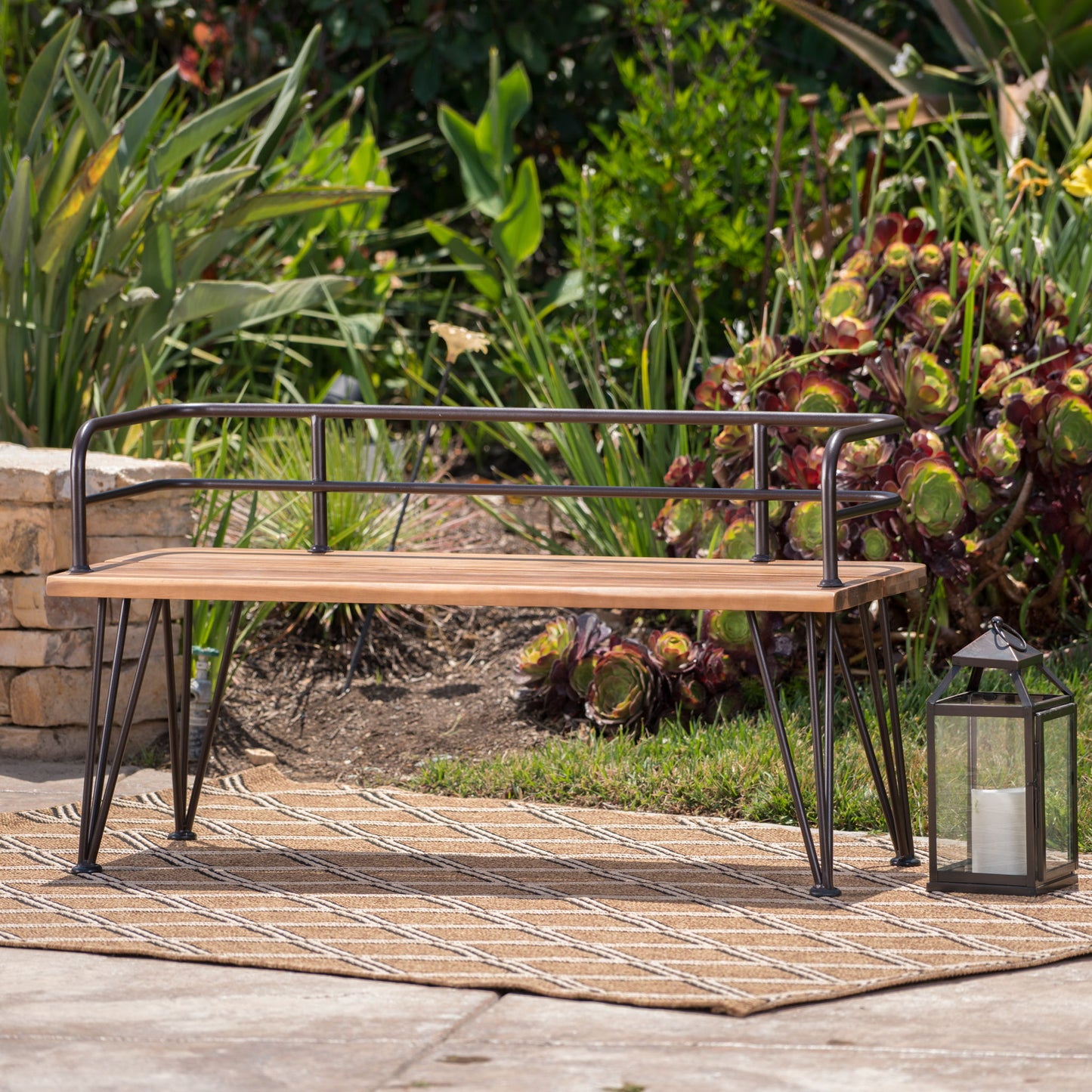 Outdoor Bench With Powder Coated Iron Frame - Teak Noble House