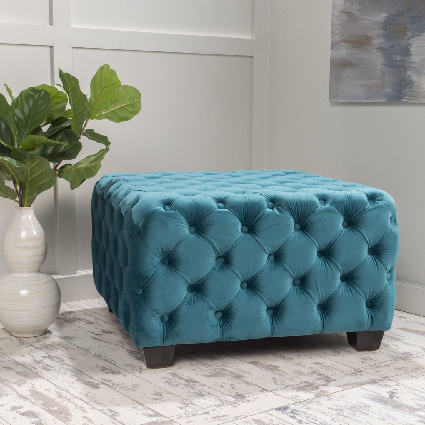 Unwind Upholstered Square Ottoman With Button Tufted Diamond Stitch - Teal Noble House