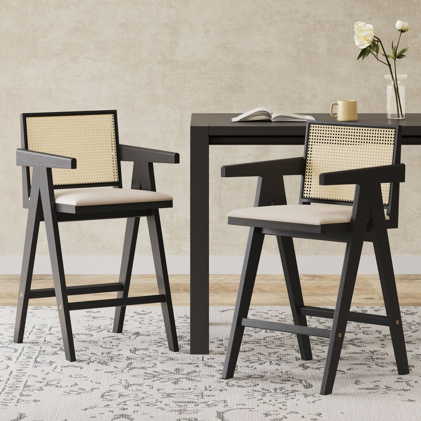 Woven Cane Plastic Backrest Bar Stool Foam Padded Fabric Seat & Durable Rubberwood Frame - Cream Gray Noble House