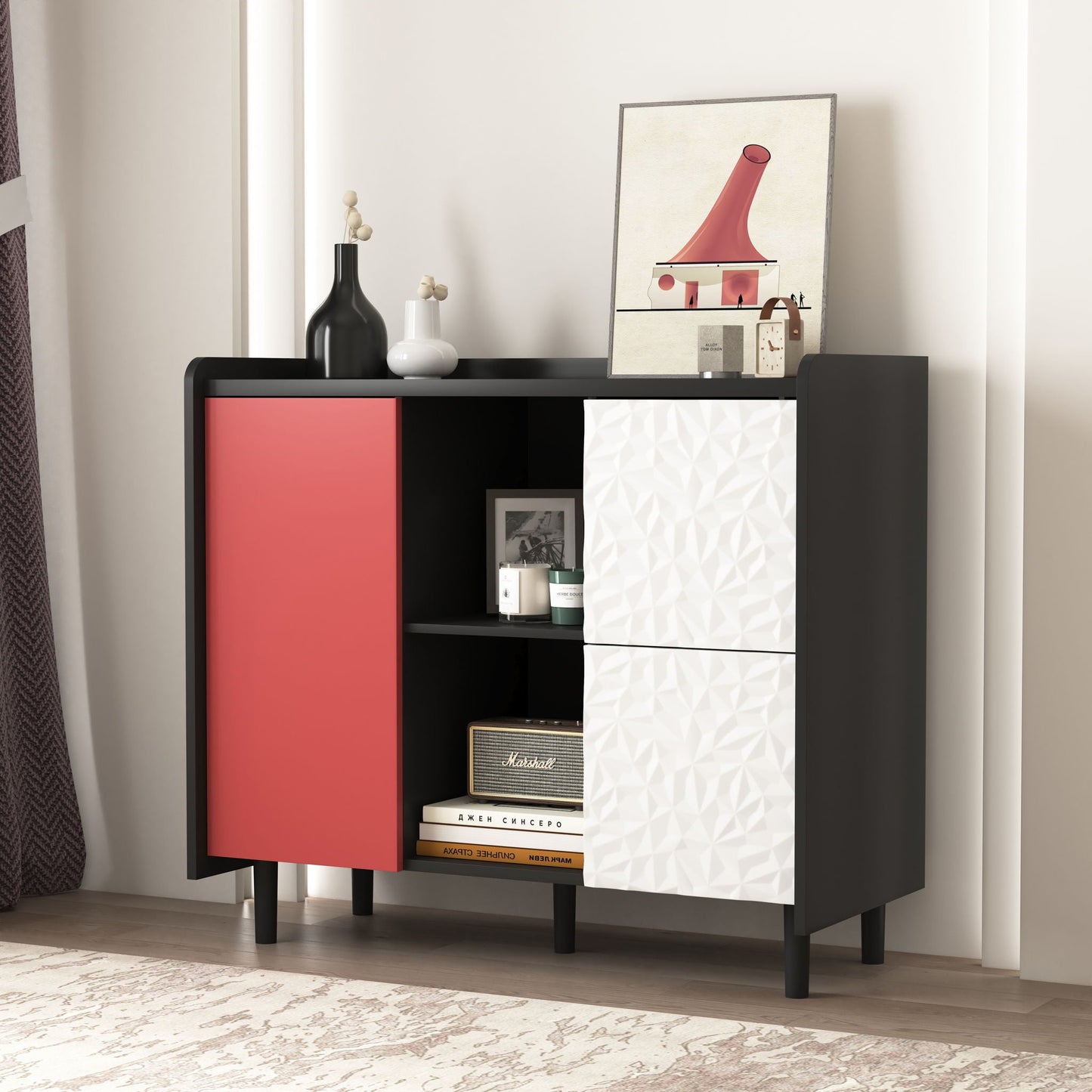 Modern Sideboard Buffet Cabinet With Red Doors And Unique Panel Styling Home Essentials