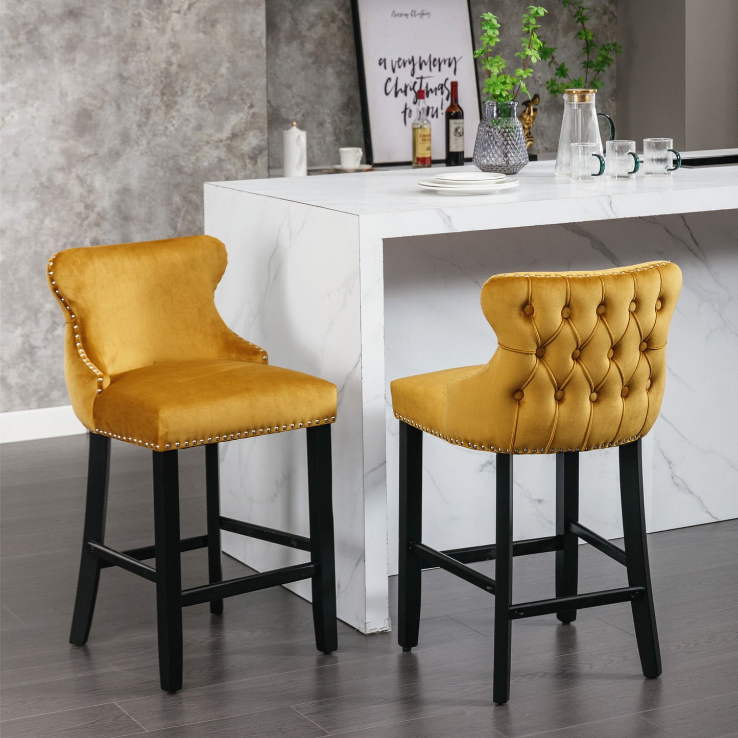 Contemporary Velvet Upholstered Wing-Back Barstools With Button Tufted Decoration And Wooden Legs, And Chrome Nailhead Trim, Leisure Style Bar Chairs, Bar Stools (Set of 2) Home Essentials
