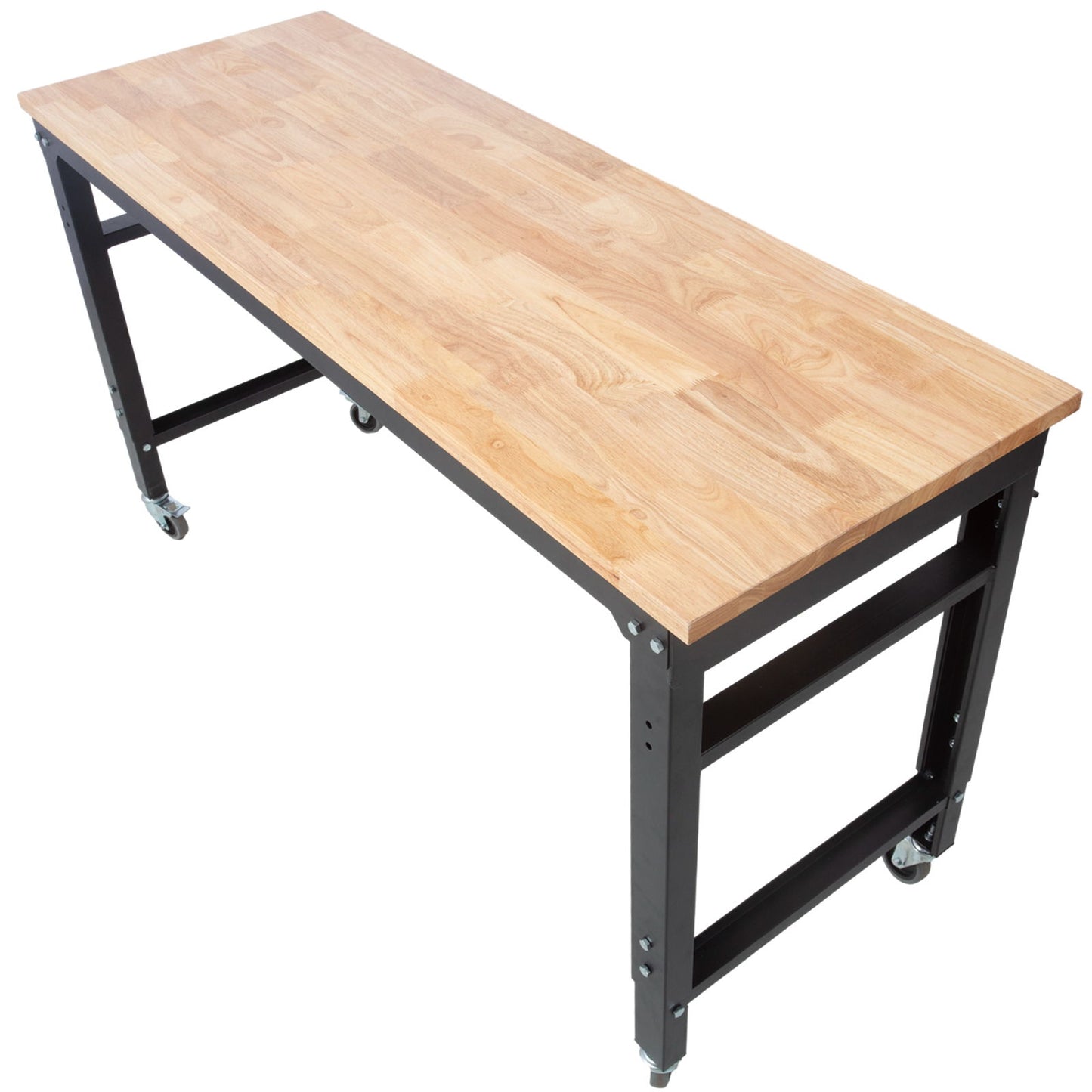 Wide Rolling Workbench For Garage, Adjustable Height, Workshop Tool Bench, Metal With Rubber Wood Top Daily Nest