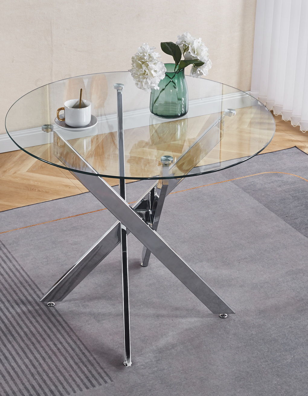 Dining Table With Cross Metal Leg And Tempered Glass, Modern Space Saving Kitchen Table For Living Room Home Essentials