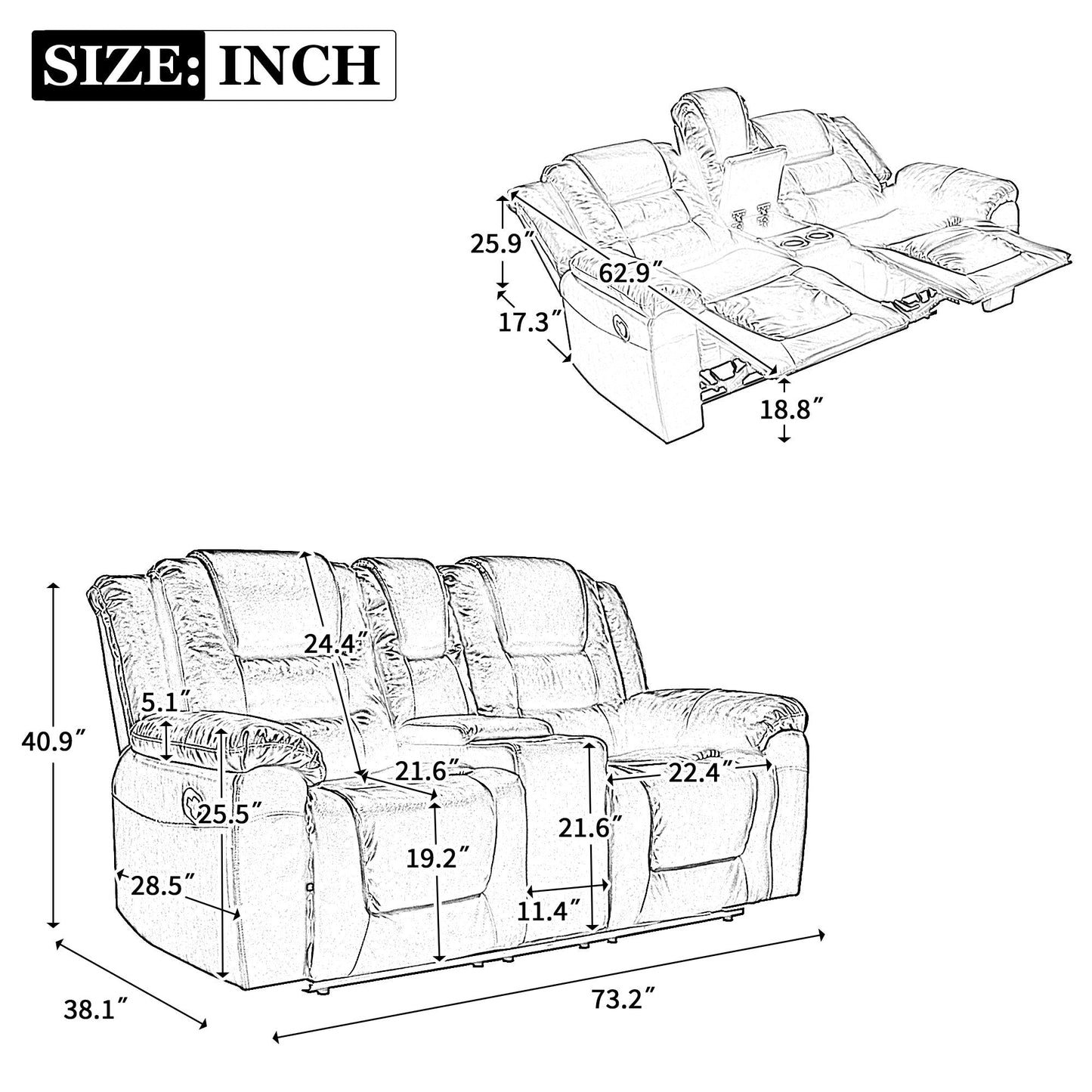 2 Seater Home Theater Recliner Manual Recliner Chair With A Storage Box And Two Cup Holders For Living Room Hearth and Haven