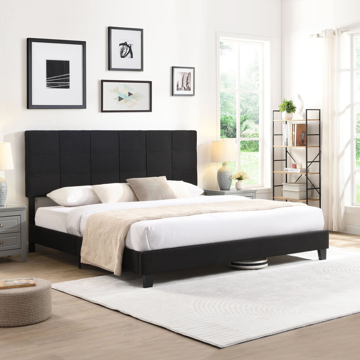 King Size Upholstered Platform Bed Frame With Button Tufted Linen Fabric Headboard, No Box Spring Needed, Wood Slat Support Home Essentials