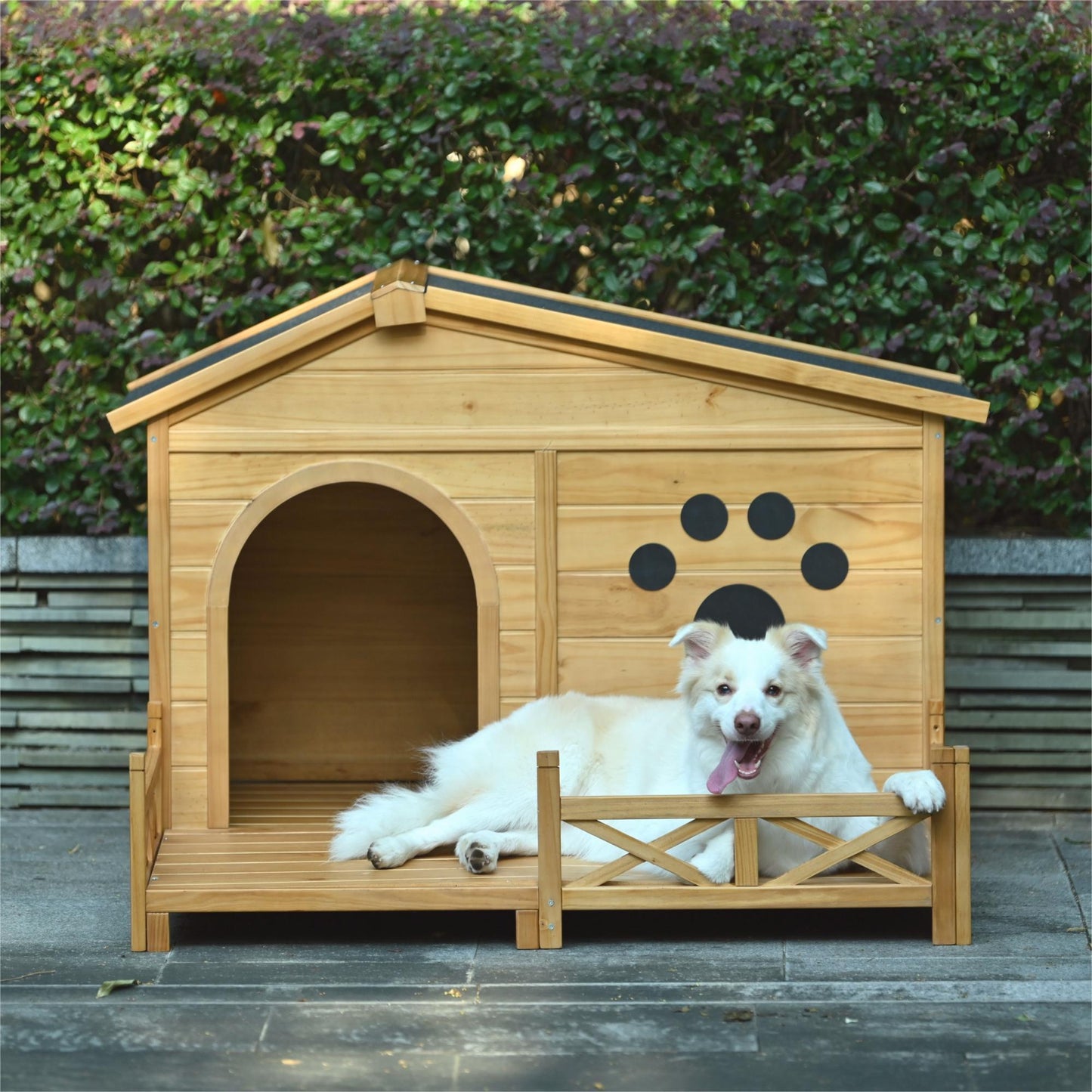 Wooden Dog House Outdoor With Porch, Dog Kennel With Water Resistant Asphalt Roof And Fencing, Indoor & Outdoor Dog Crate With Paw Print, Medium - Nature Daily Nest