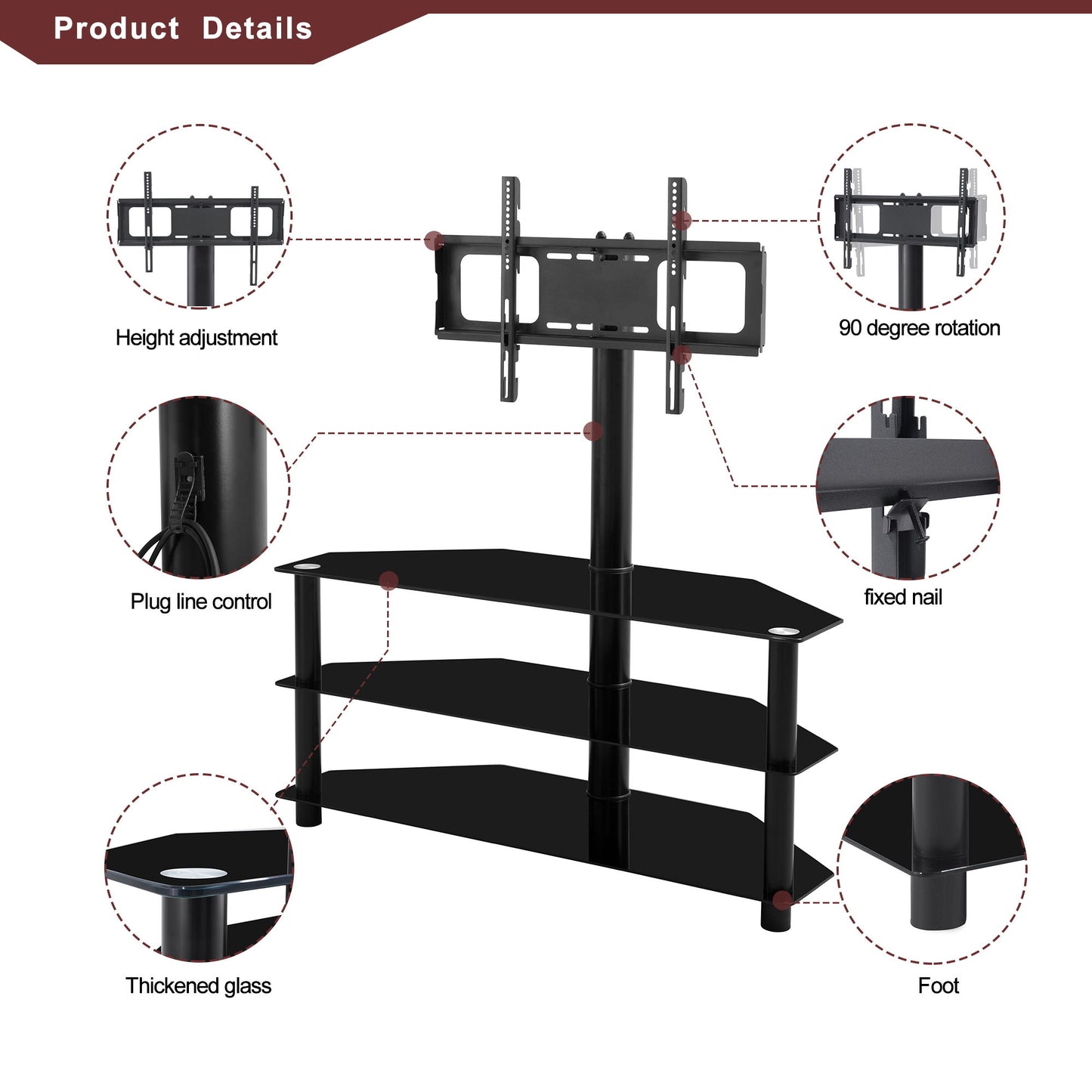 43.3" Multi-Function TV Stand Height Adjustable Bracket Swivel 3 Tier - Black Home Essentials