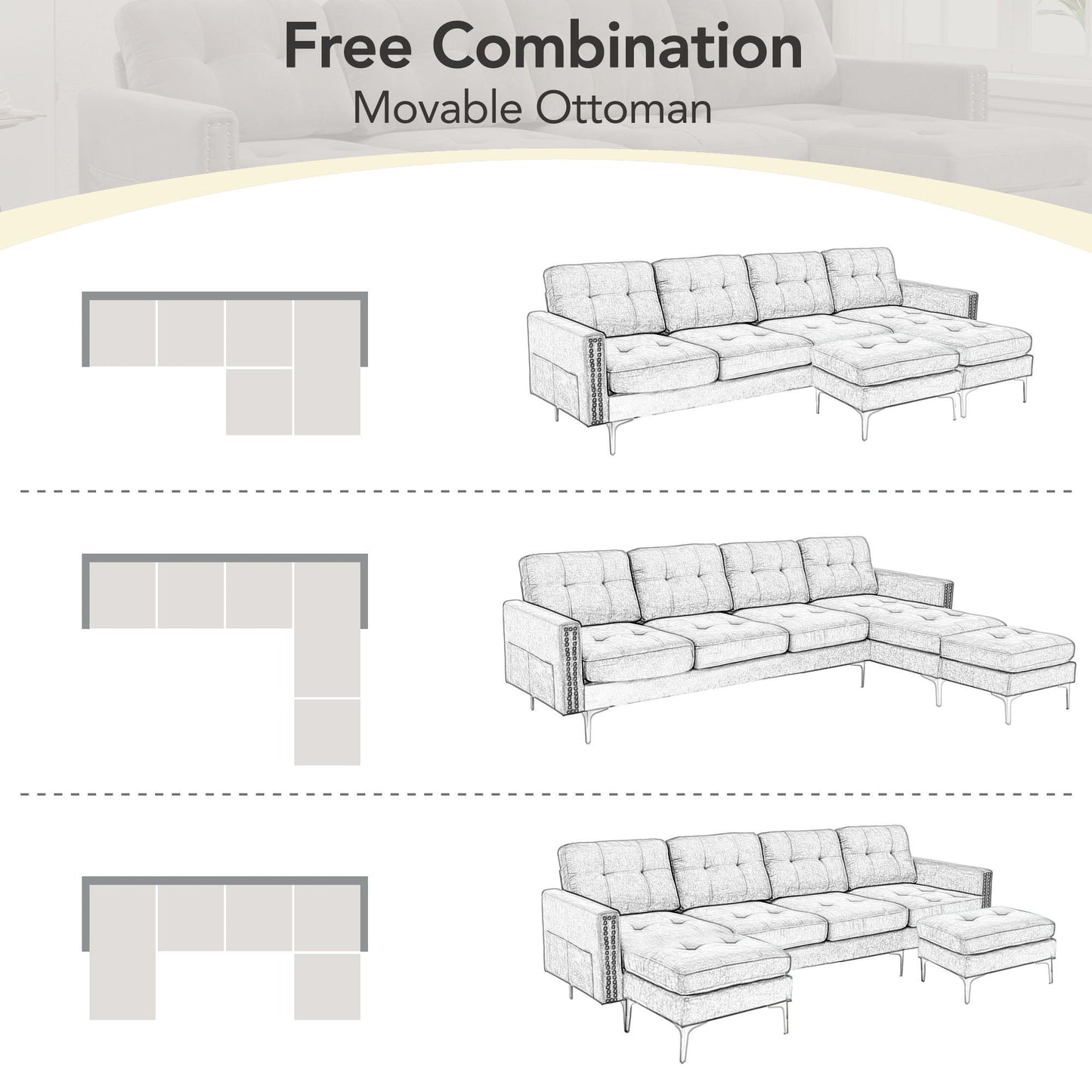 Modern L - Shape Convertible Sectional Sofa With Movable Ottoman - Snoozhouse