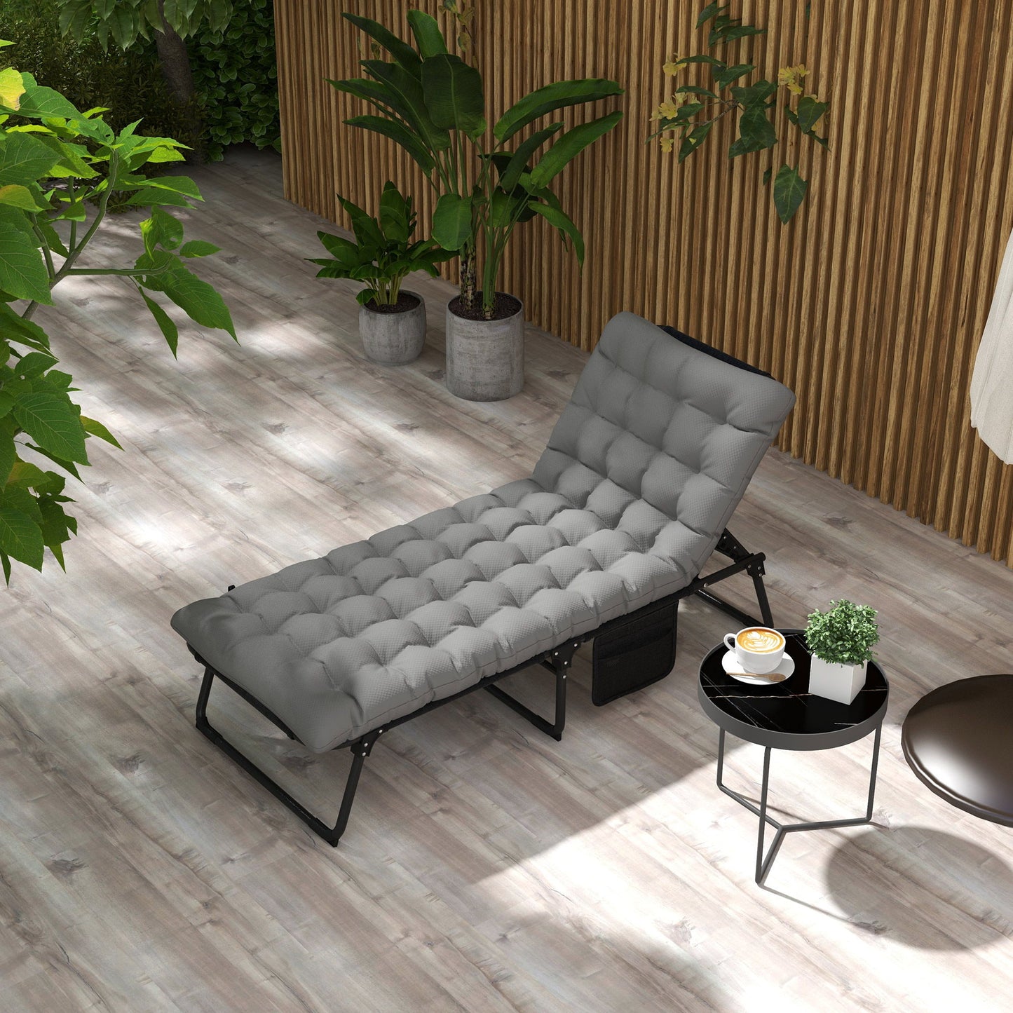 Outsunny - Outdoor Chaise, Adjustable Folding Chaise Lounge With 4-Position Backrest, Magazine Pocket, Removable Head Pillow, Sun Bathing Lounger Chair For Patio, Beach - Gray Home Essentials