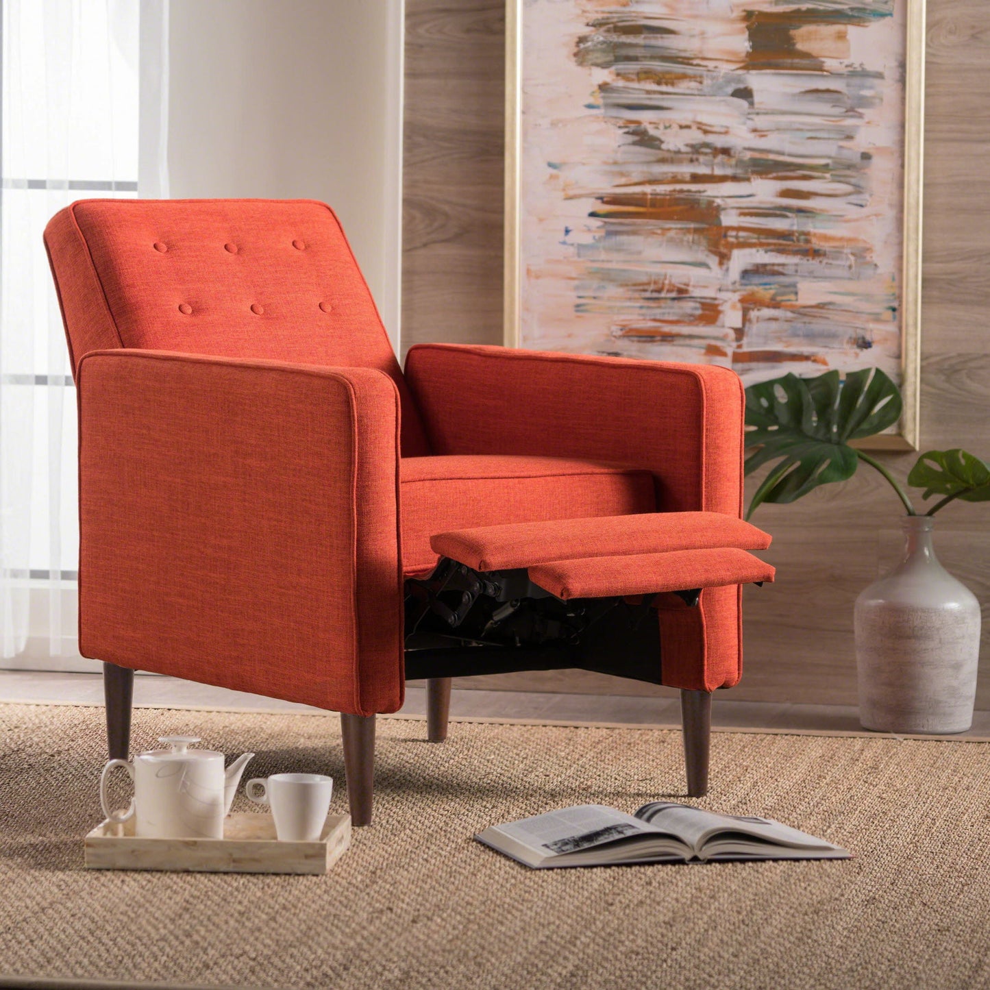 Mid-Century Modern Recliner With Button Tufted Waffle Stitch Noble House